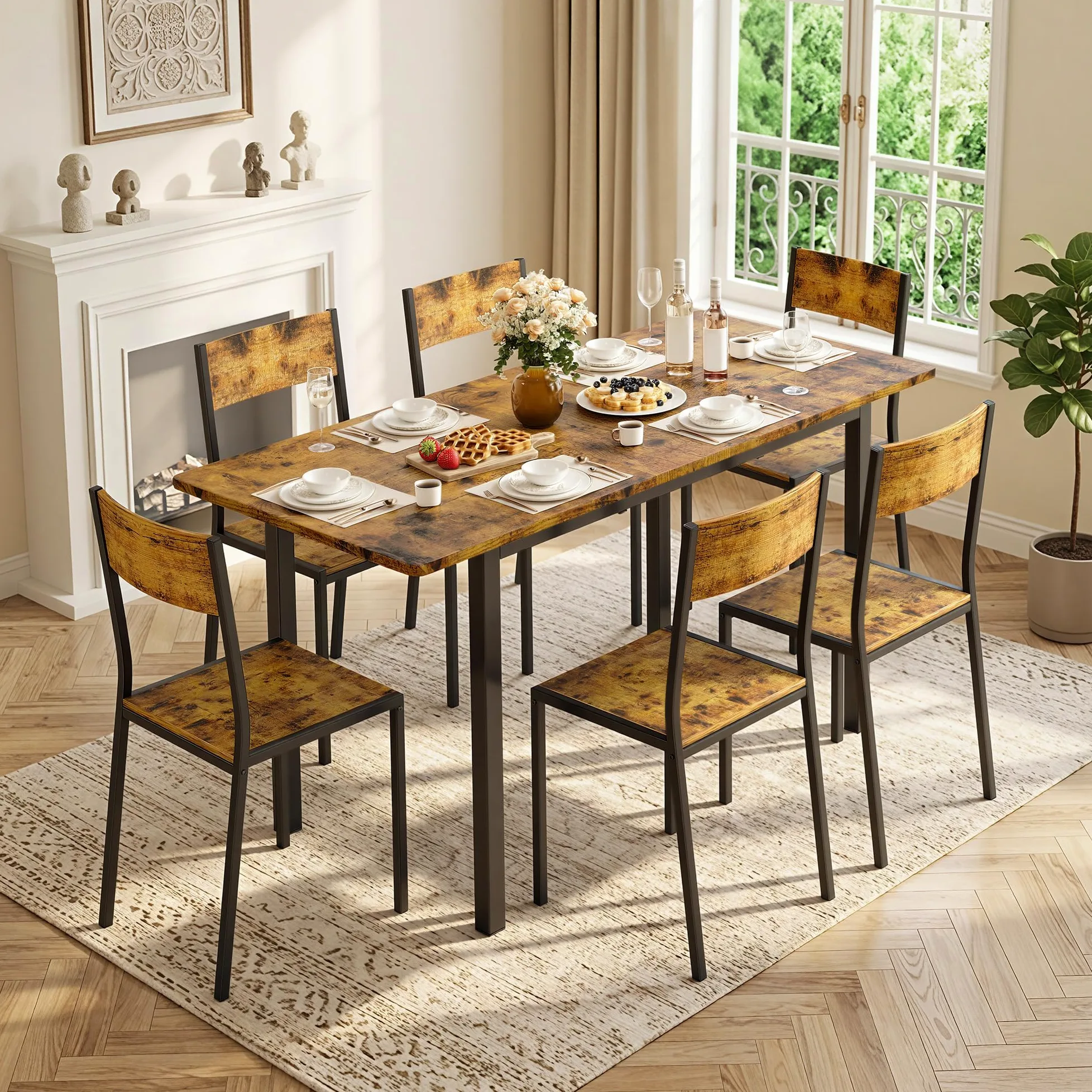 Xbro Ensemble Table à Manger 6 Personnes Extensible avec 6 Chaises, Gain de Place, Structure Métal Stable, Montage Facile, Cuisine Salle à Manger 110–140 cm