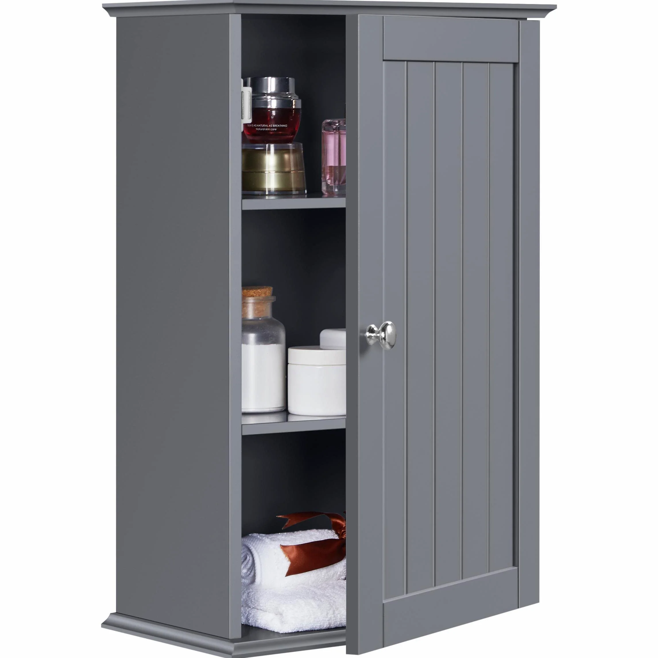 Yaheetech Armoire Murale de Toilette, Meuble de Rangement Suspendu Salle de Bain, 35 x 20,7 x 55 cm, Armoire à Pharmacie, 2 Étagère Réglables, avec Porte, en Bois Blanc WC Cuisine Gris