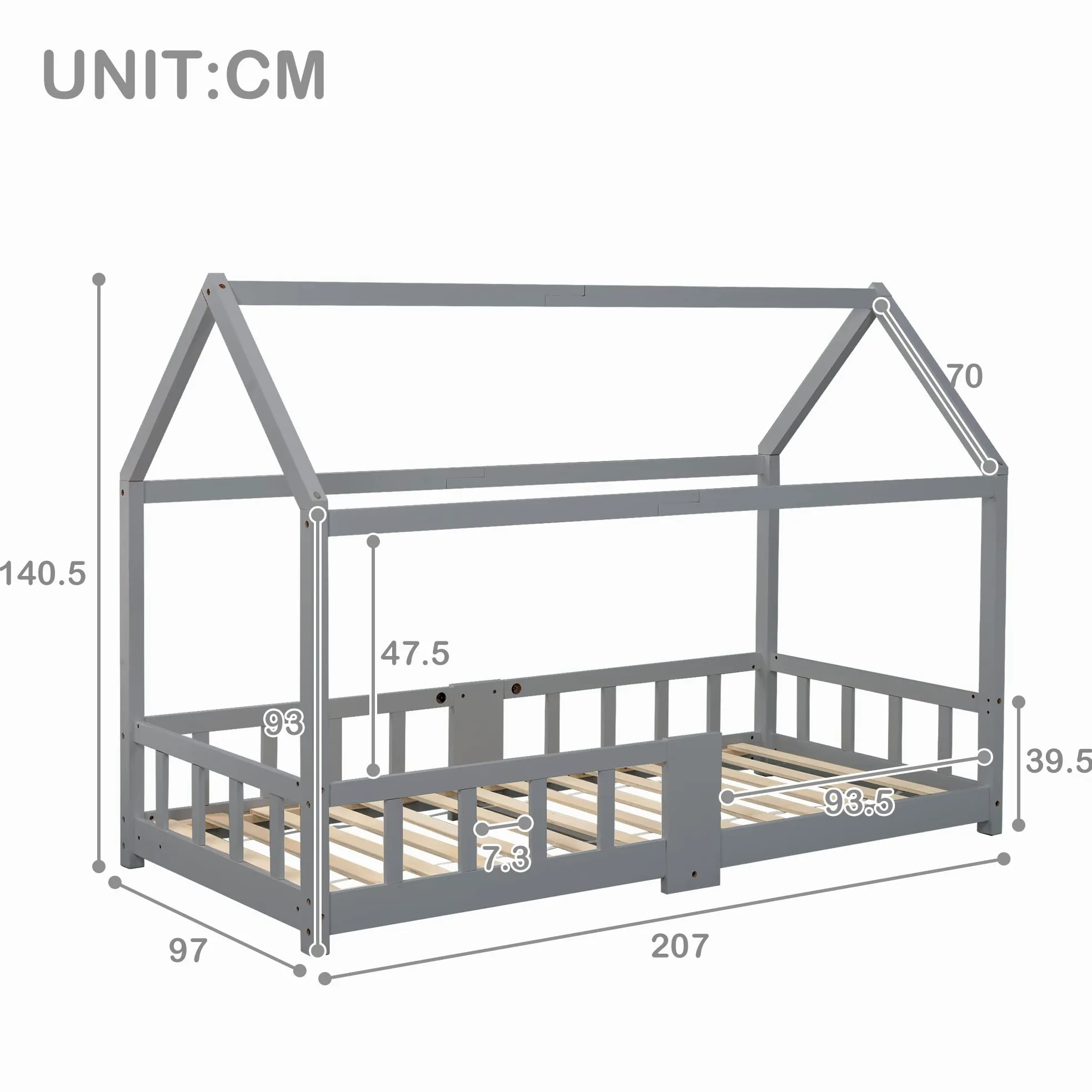 Lit Cabane Enfants 90x200, Lit Maison en Bois Massif avec Barrière Anti-Chute pour Chambre Enfant, Sommier Intégré, Gris,sans Matelas