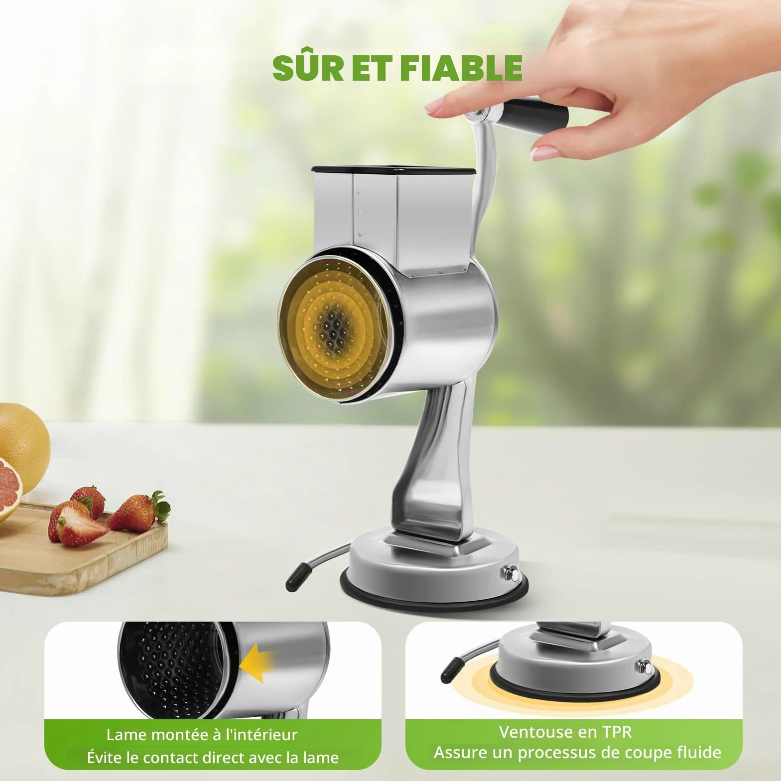 Râpe à tambour en aluminium - En acier inoxydable - Mandoline manuelle - Râpe à pommes de terre - Râpe à fromage avec manivelle et 5 tambours - Pour légumes, oignons, carottes, noix