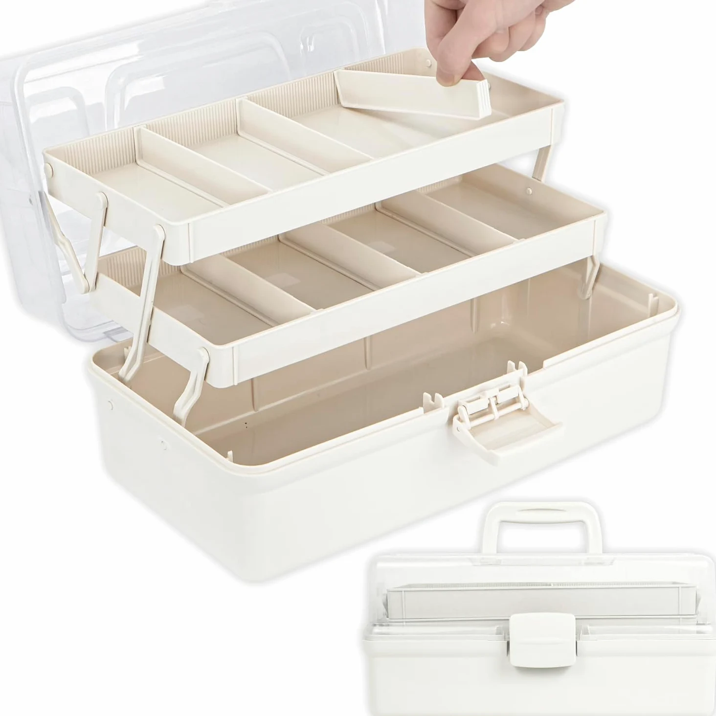 Organisateurs polyvalents à 3 couches avec séparateurs réglables, boîte de rangement portable, étui pliable pour médicaments, outils, couture (blanc, taille L)