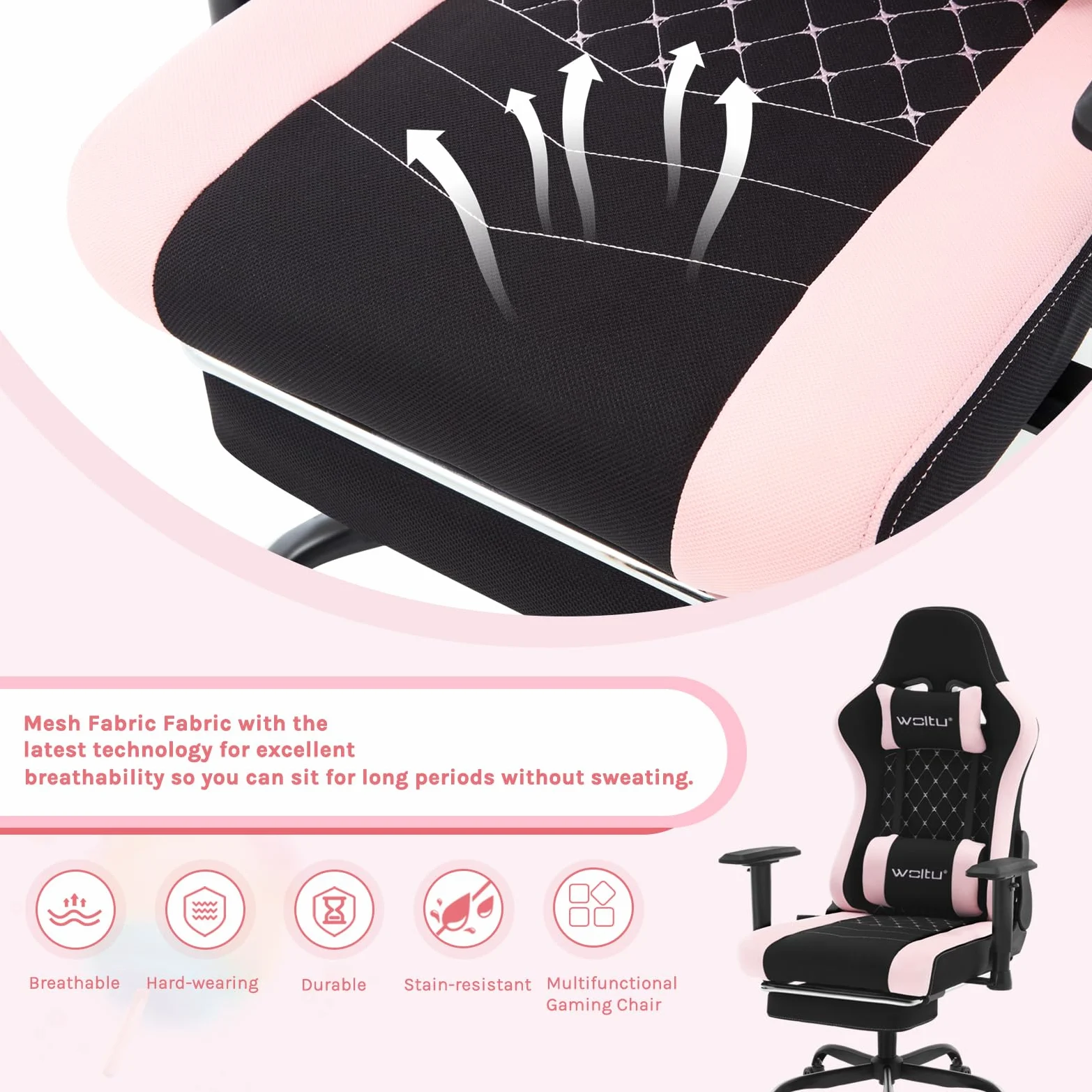 WOLTU Chaise Gaming, Chaise Bureau Massante, Fauteuil Ergonomique avec Coussin Lombaire Massant, Siège Large à Ressorts, Appui-tête, Repose-Pieds, Tissu Maille, Charge 150kg, Noir+Rose