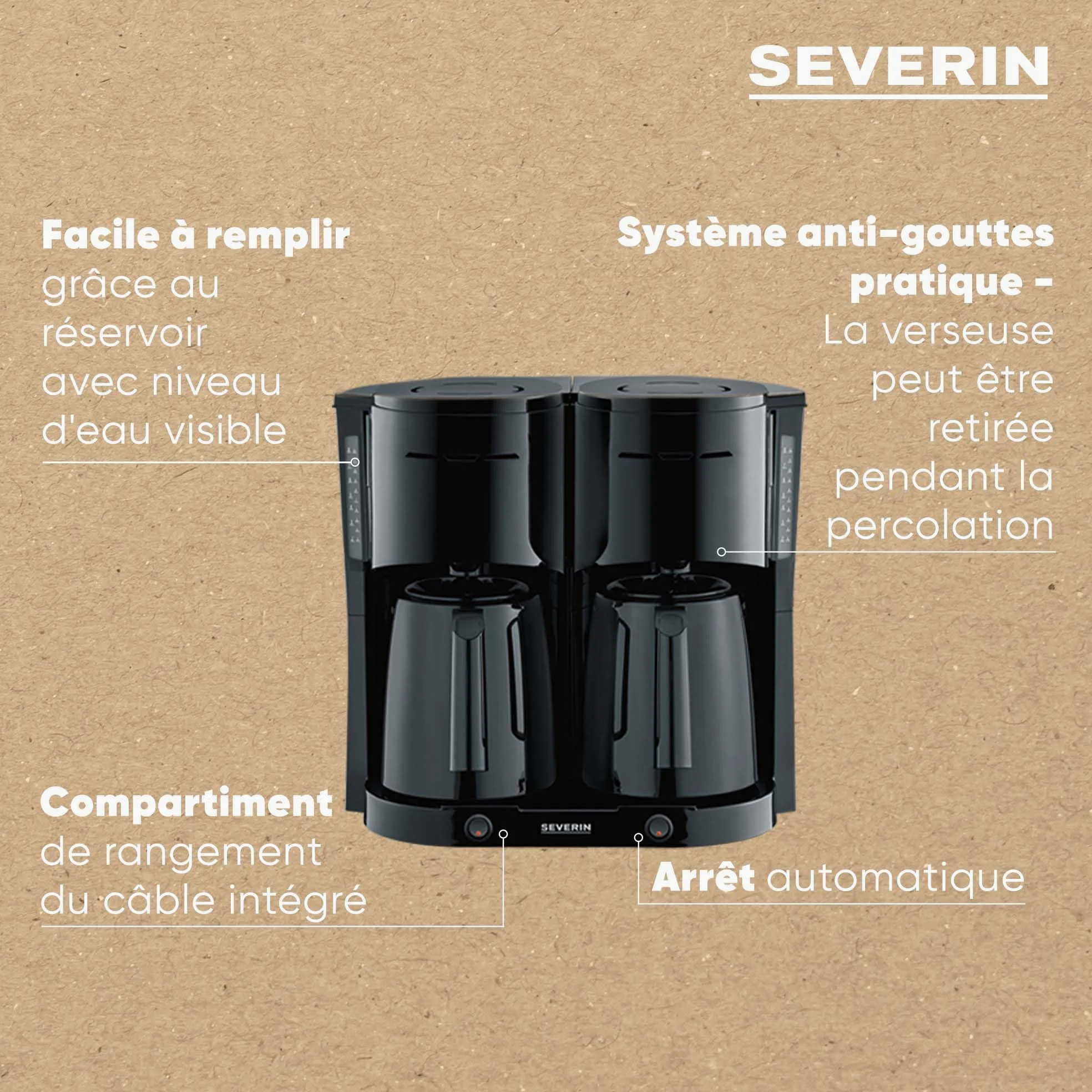 SEVERIN Cafetière Filtre Isotherme Duo, 2 X 1000 W, Jusqu'à 2L soit 16 tasses, 2 verseuses isothermes, 2 filtres pivotants, Noir, KA 9315