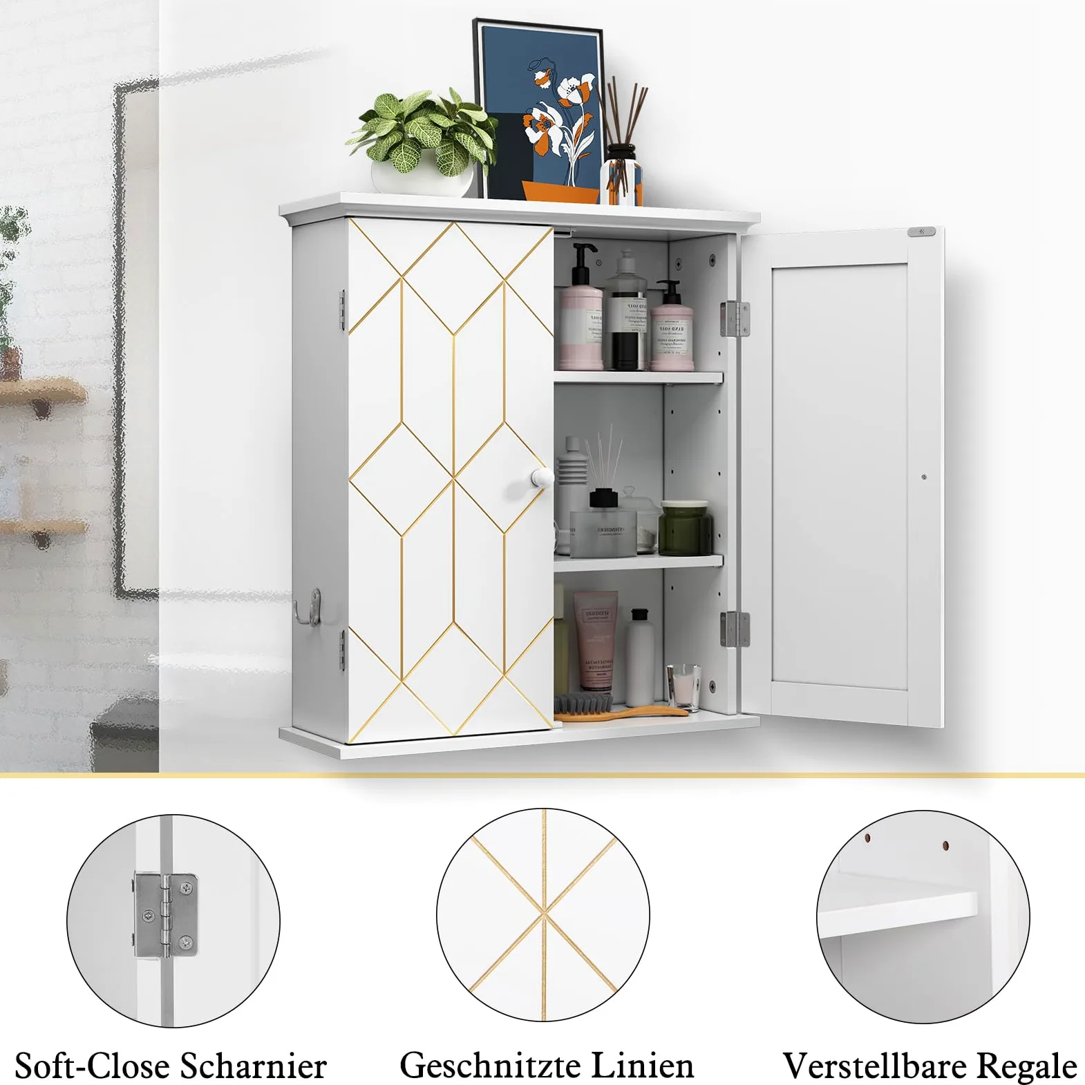HOLTICO Armoire à pharmacie suspendue - Armoire murale de salle de bain - Armoire murale avec étagère réglable - Blanc - Armoire autonome pour cuisine, salle de bain, chambre à coucher