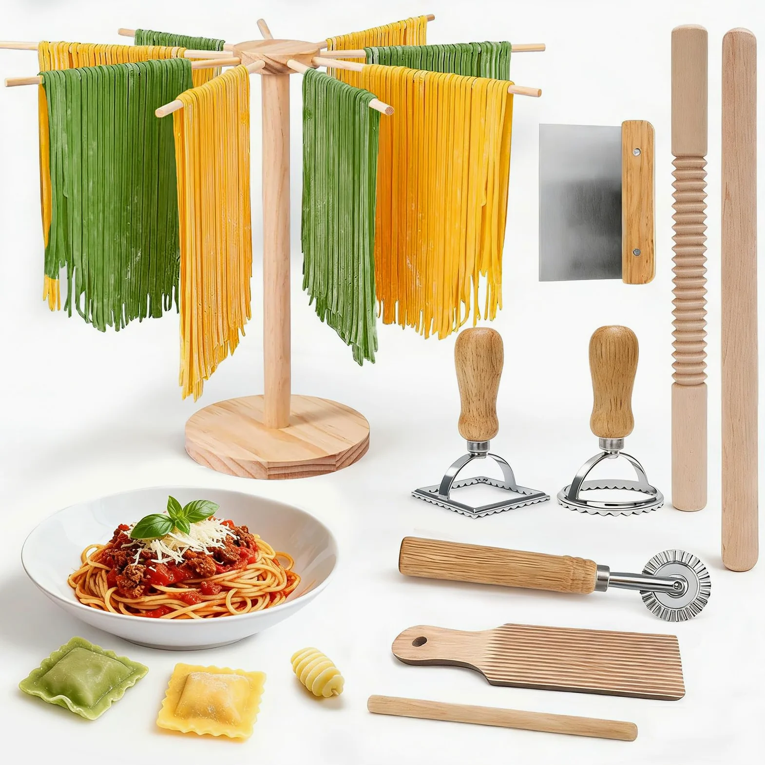 Kit de fabrication de pâtes 9 pièces, séchoir à pâtes, rouleau fileté, 2 rouleaux, planche à gnocchi, coupe-pâte, roue à découper, 2 tampons à ravioli pour pâtes maison