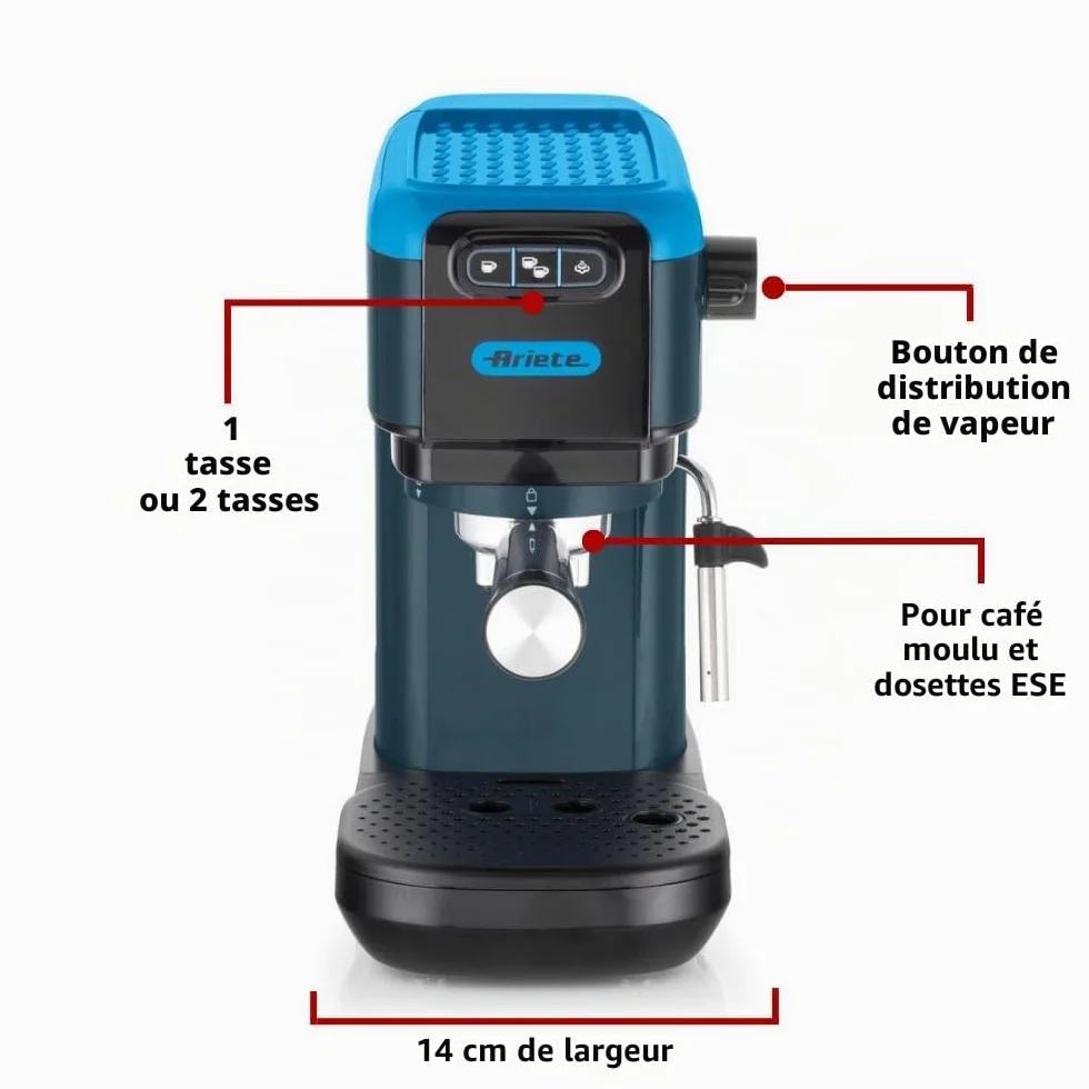 Ariete 1399 Machine à Café Percolateur, pour Expresso, Cappuccino, Thé et Tisane, Compatible avec le Café en Poudre et les Dosettes ESE, 1300 W, 15 Bar de Pression, Filtre 1-2 Tasses, Sky Blue