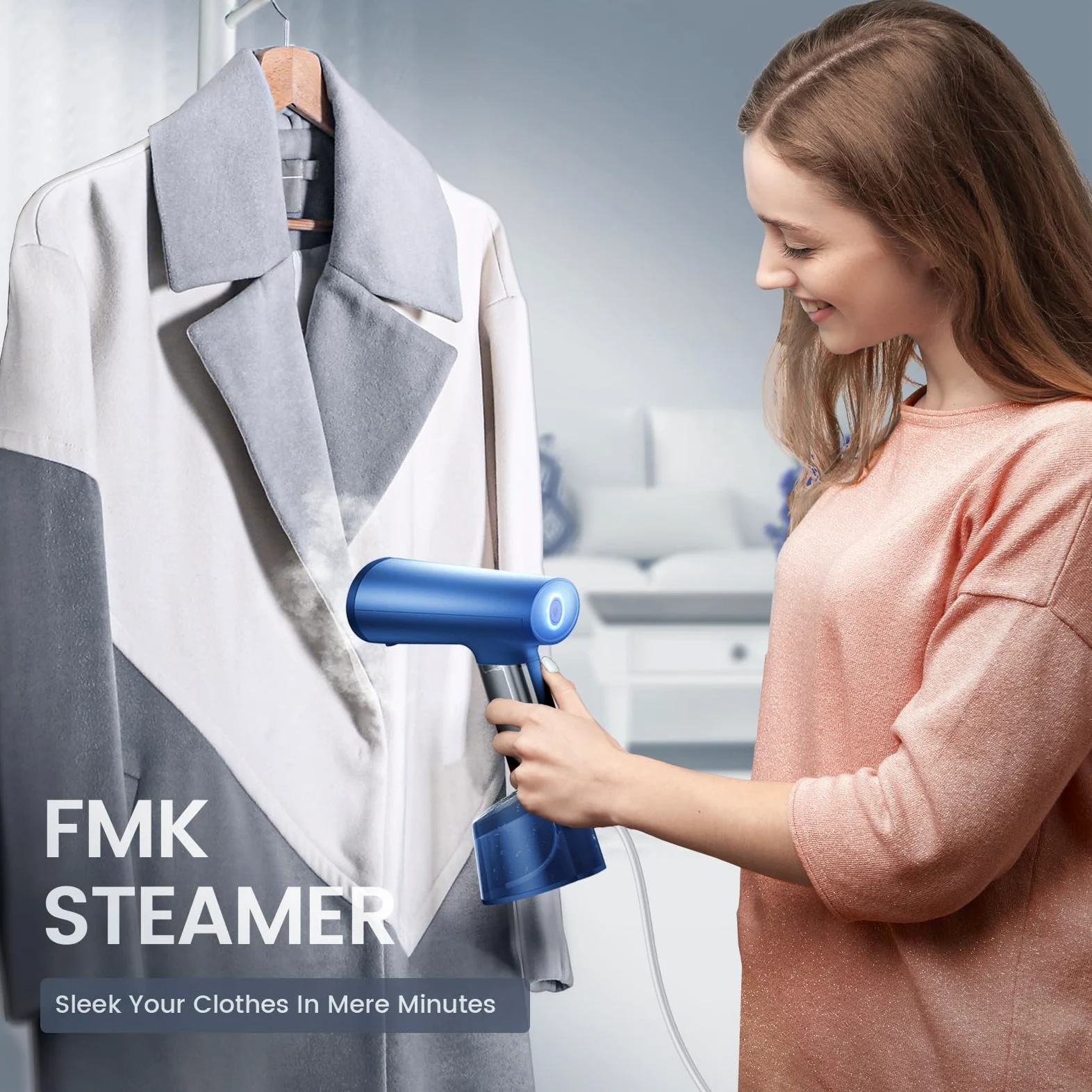 FMK Vapeur à vapeur portable pour vêtements de voyage, tête de vapeur métallique, temps de chauffage de 20 secondes, système de pompe, mini taille, vapeur à main pour tous les tissus, pas, bleu