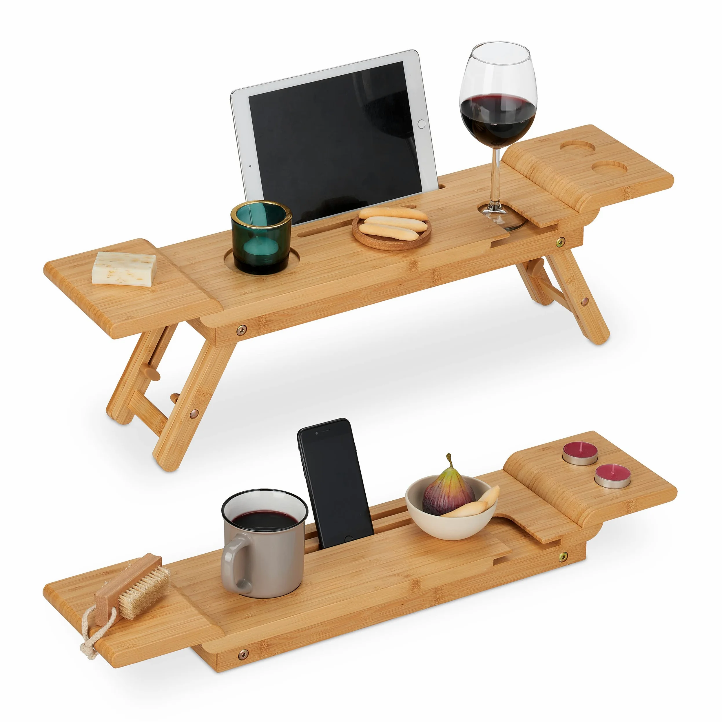Relaxdays Plateau de Baignoire, en Bambou, Largeur : 70 cm, Pont pour Verre, téléphone, Tablette, à accrocher, Nature