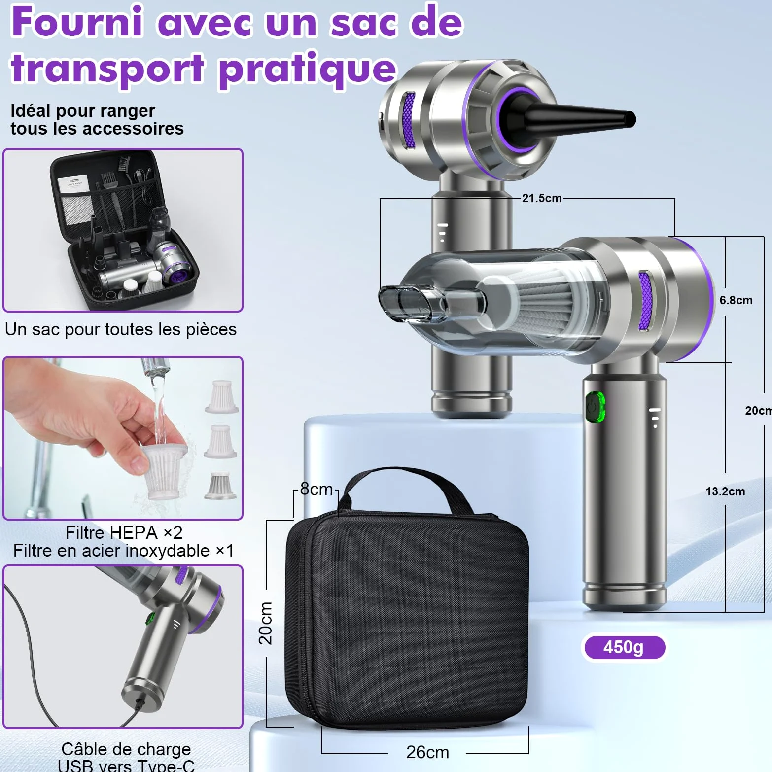 Aspirateur Voiture 4 en 1 Puissant 28000 PA Aspirateur à Main sans Fil 3 Vitesses 240 000 TR/Min pour Voiture, Cuisine, PC, canapé, Bureau, Maison et Nettoyage des Poils d'animaux
