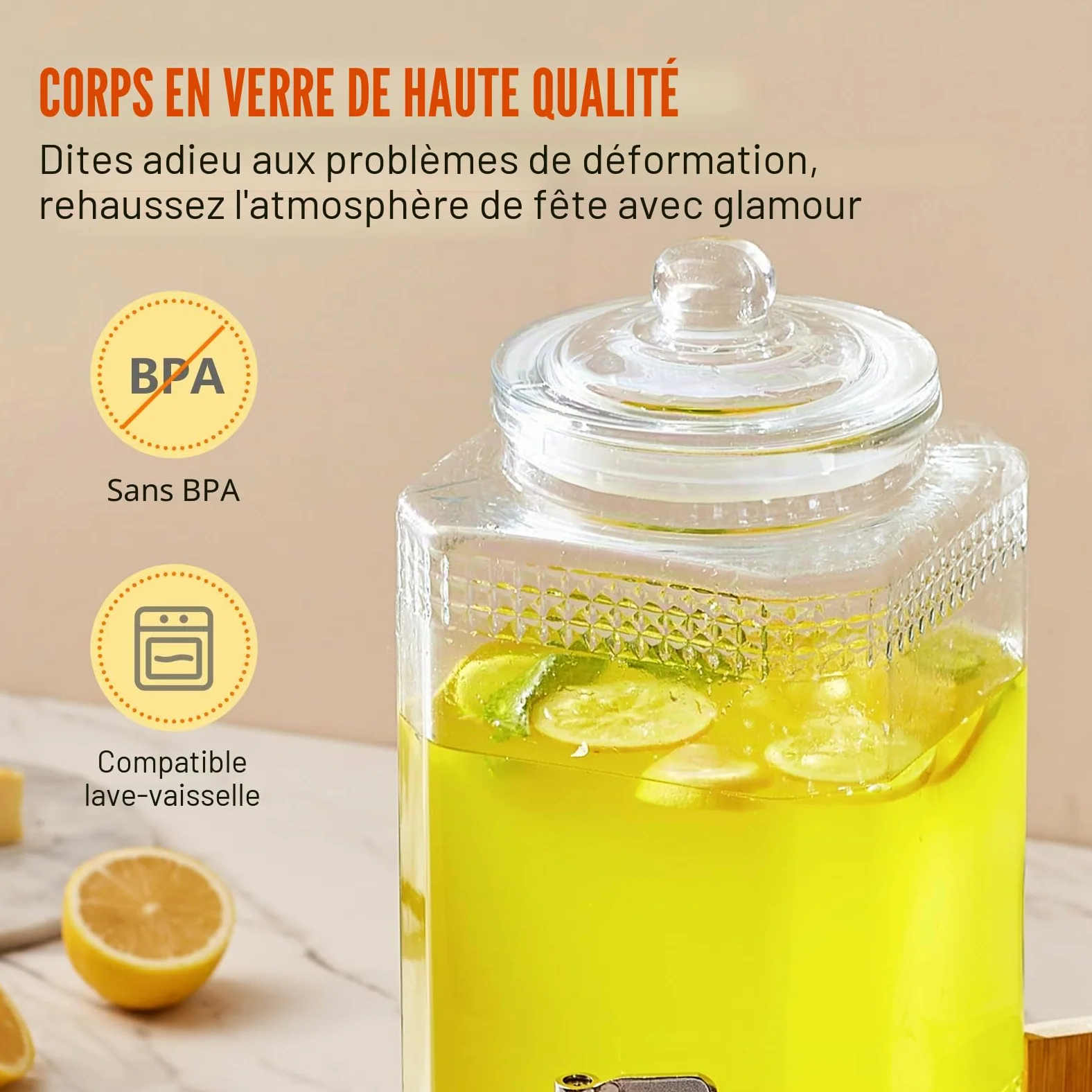 VEVOR Distributeur de Boissons de 5,5 L, Fontaine à Eau en Verre Alimentaire avec Support, Robinet en Acier Inoxydable, Distribution de Jus Limonade Thé Glacé, pour Restaurants, Hôtels, Cafés, Soirées