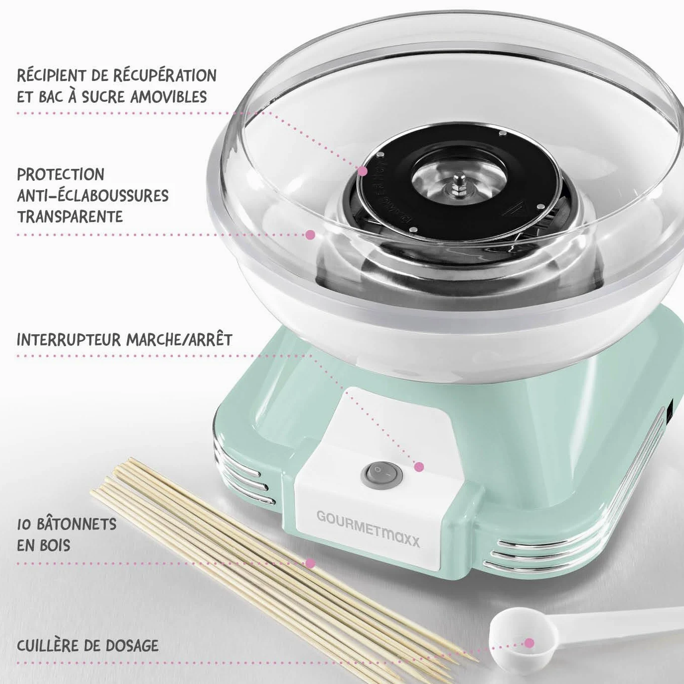 GOURMETmaxx Machine à barbe à papa pour la maison | L'original avec 10 bâtonnets & cuillère doseuse au design rétro nostalgique | Barbe a papa pour les fêtes d'enfants, les anniversaires [Menthe]