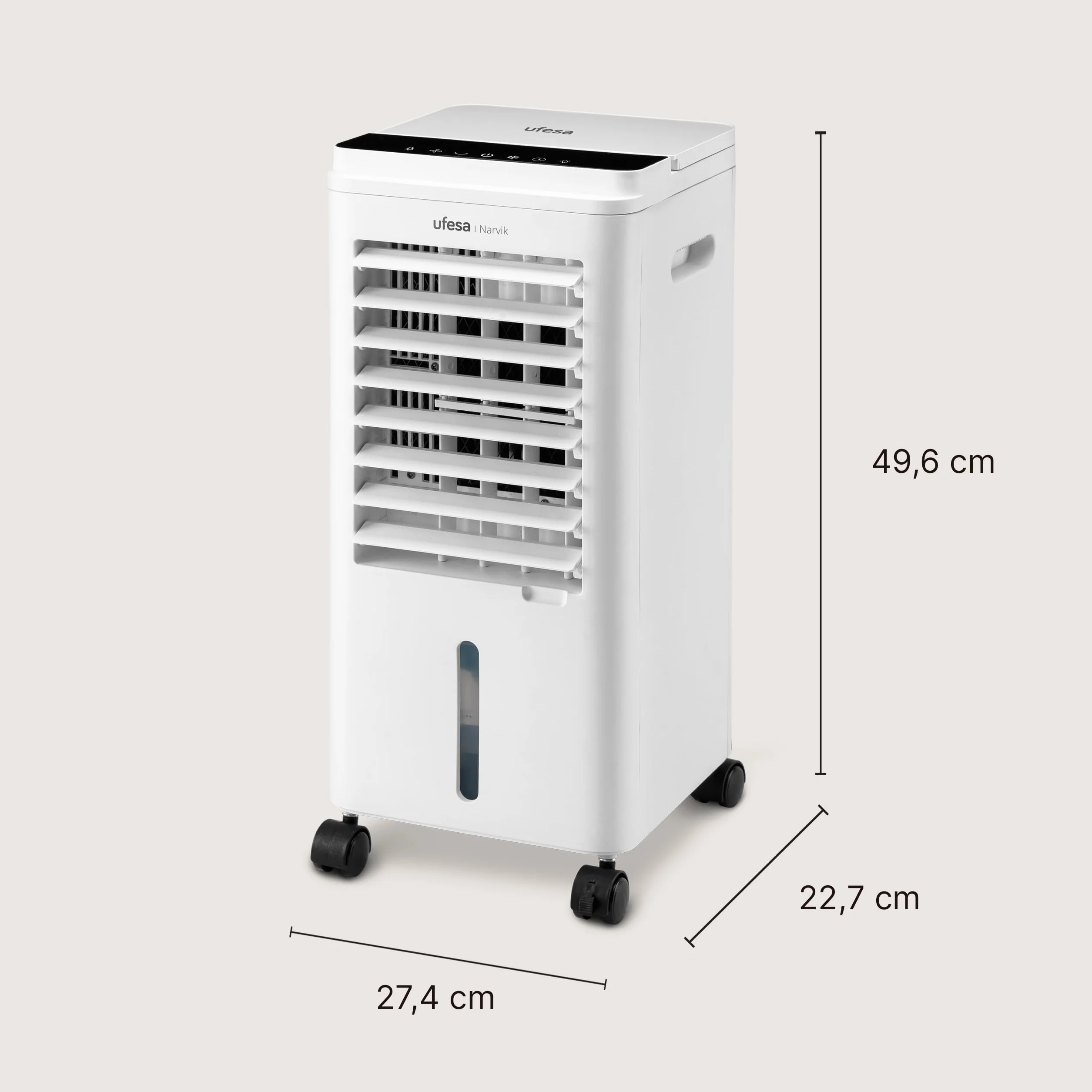 Ufesa Narvik Rafraîchisseur d’Air Évaporatif, 65W, Fonction Air Froid et Ventilateur, 3 Vitesses, 3 Modes, Panneau Tactile, Réservoir de 5L, Minuteur 12h, Filtre Lavable, Télécommande
