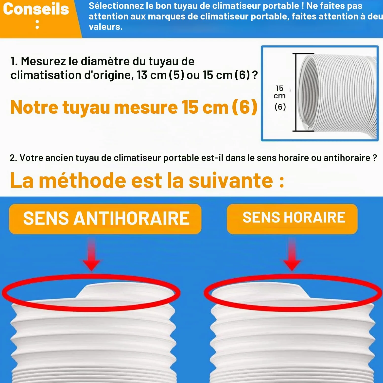 Tuyau de climatiseur portable Diamètre 15cm Climatiseur Mobile Tuyau évacuation Climatiseur Mobile pour climatiseur d'échappement Compatible avec Les climatiseurs Mobiles LG,Delonghi et Autr