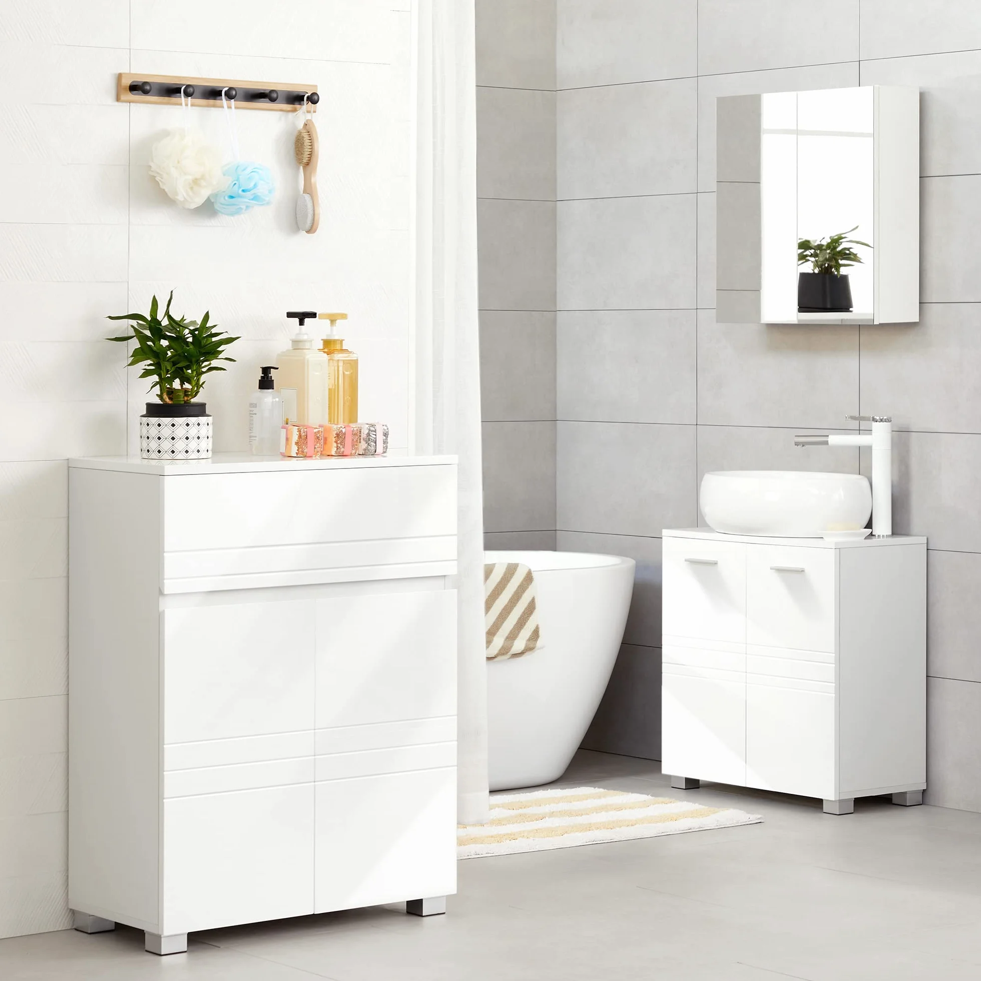 VASAGLE Meuble de Salle de Bain sur Pied, Meuble de Rangement avec tiroir, Armoire à Double Porte, étagère réglable, pour entrée, Couloir, 60 x 30 x 80 cm, Blanc BBK140W01