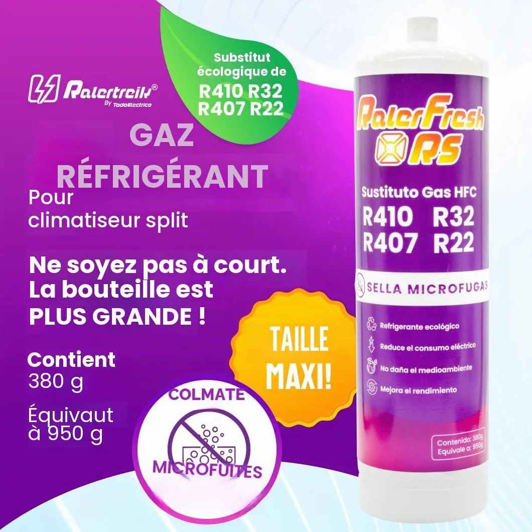 Gaz réfrigérant organique pour climatisation type Split Ralerfresh RS équivalent à 950 g, remplacement des gaz R410, R32, R407 et R22 (Bouteille + clé)