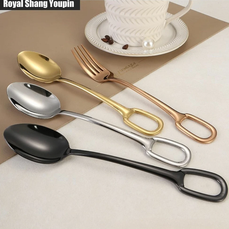 Cuisine Circulaire Trou De Suspension Poignée En Acier Inoxydable Argenterie Vaisselle Couverts Ensemble De Couverts Couteau À Steak Fourchette Cuillère Cuillère À Café (Noir,20 pièces)