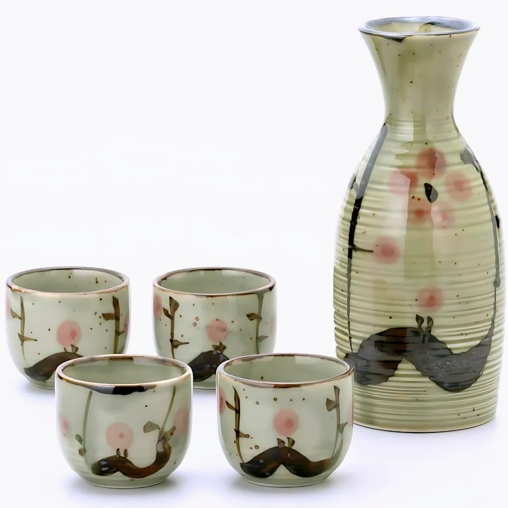 JapanBargain 4977 Ensemble de carafe à saké japonaise en porcelaine prune pour servir du saké chaud et du saké froid, fabriqué au Japon, vert, 250 ml
