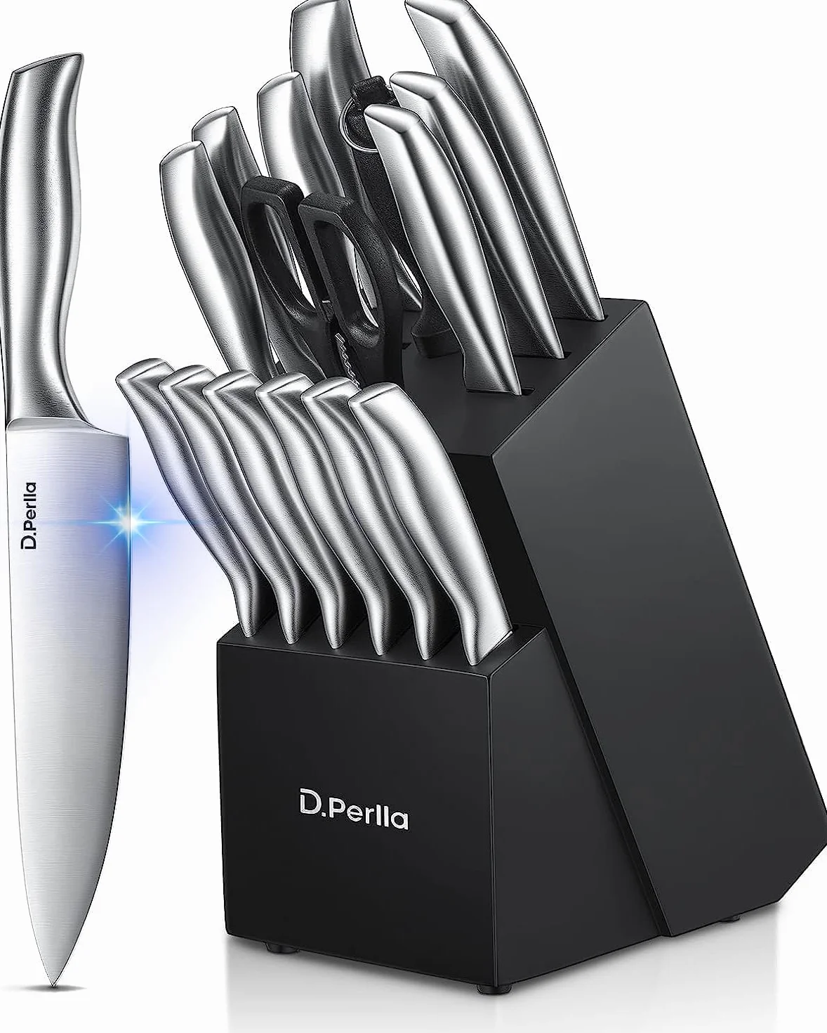 D.Perlla Couteaux de Cuisine, Set Couteau de Cuisine 16 Pièces en Acier Inoxydable, Bloc de Couteaux Professionnel avec Support en Bois