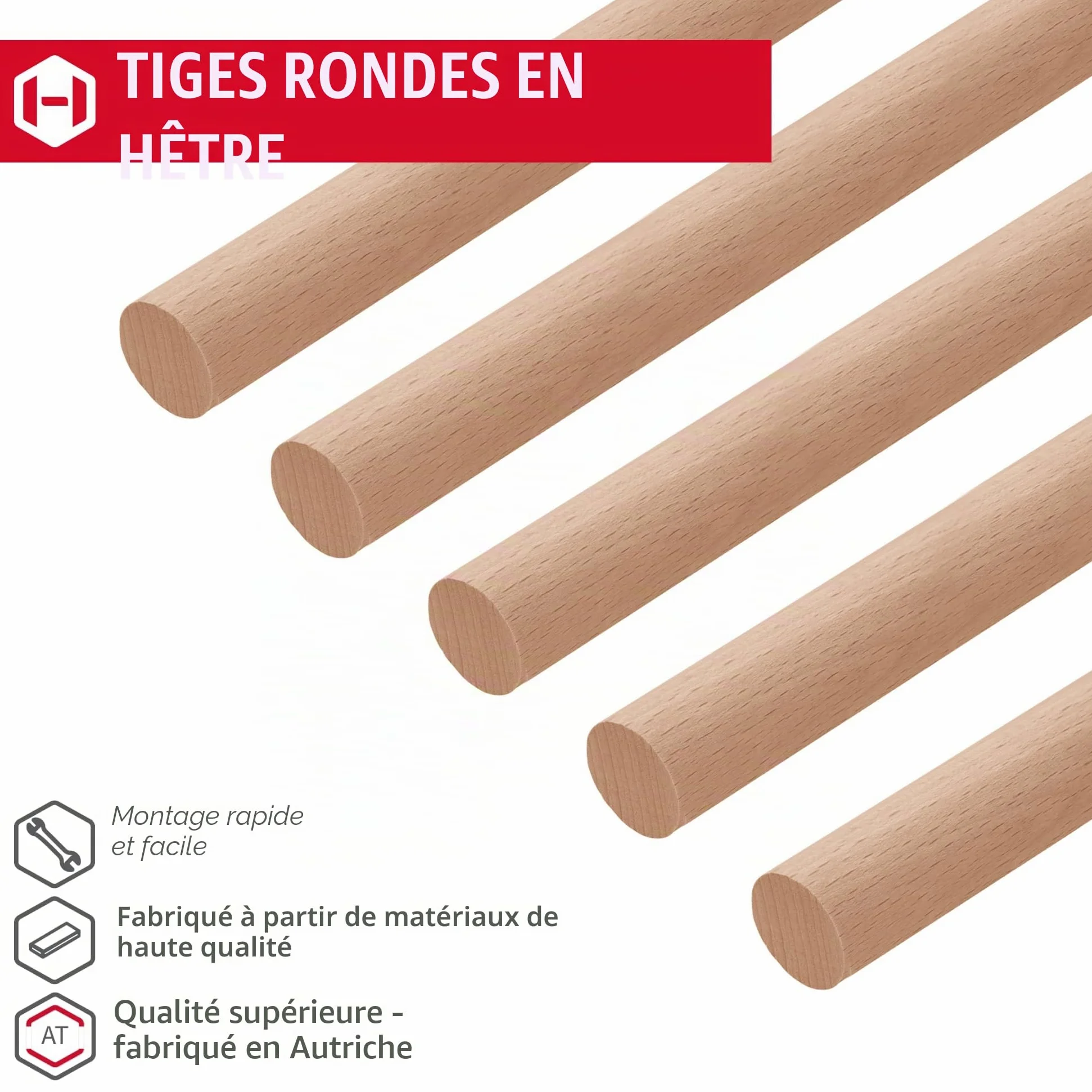 Gedotec Tige ronde en hetre lisse | tiges en bois | batons de bricolage 25 x 2000 mm | lot de 5 | tiges en hetre a bricoler | tige en bois massif | batonnets