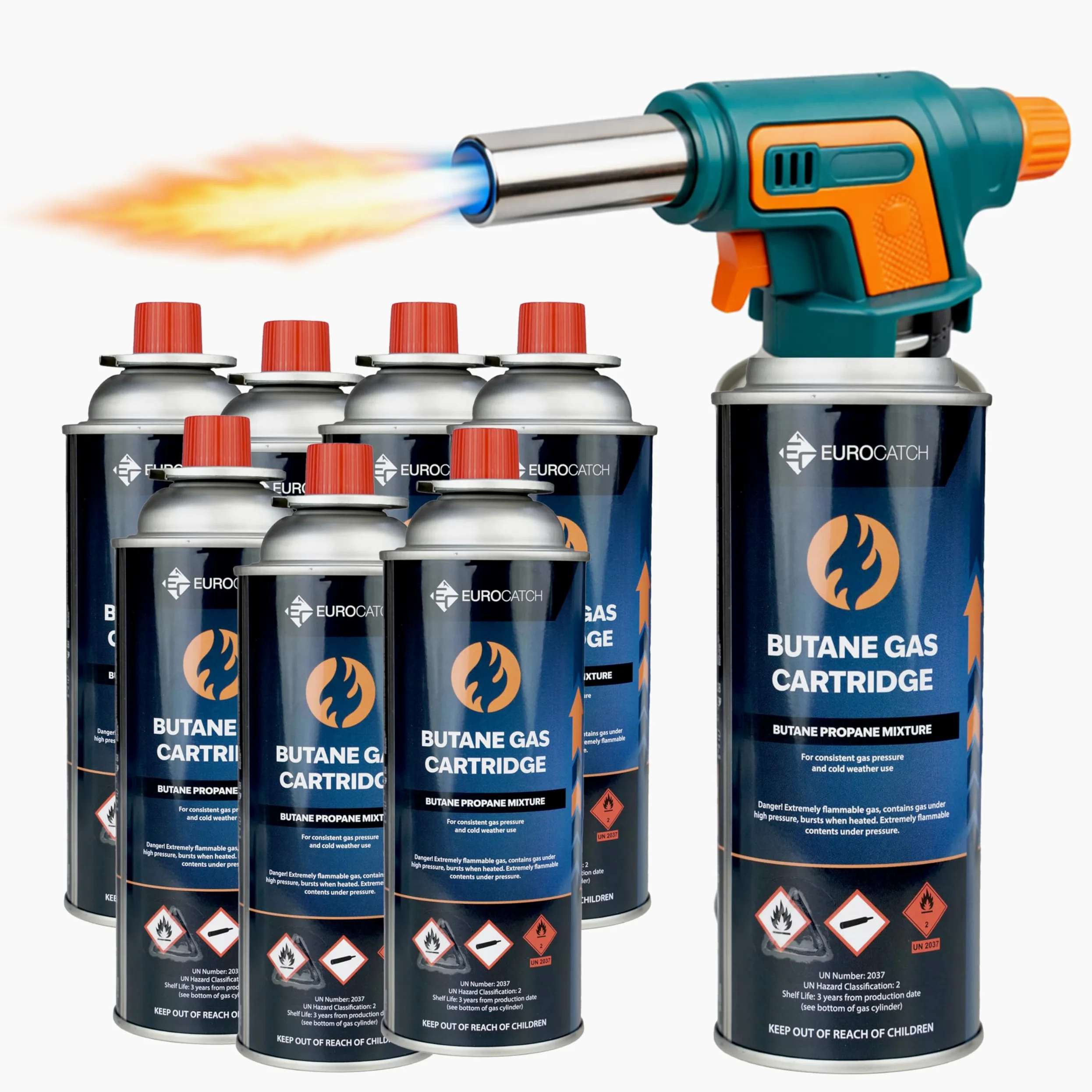 Chalumeau a Gaz 1300°C - Allumage Electrique - Puissance Reglable - Set avec 8x Cartouche Butane 227g