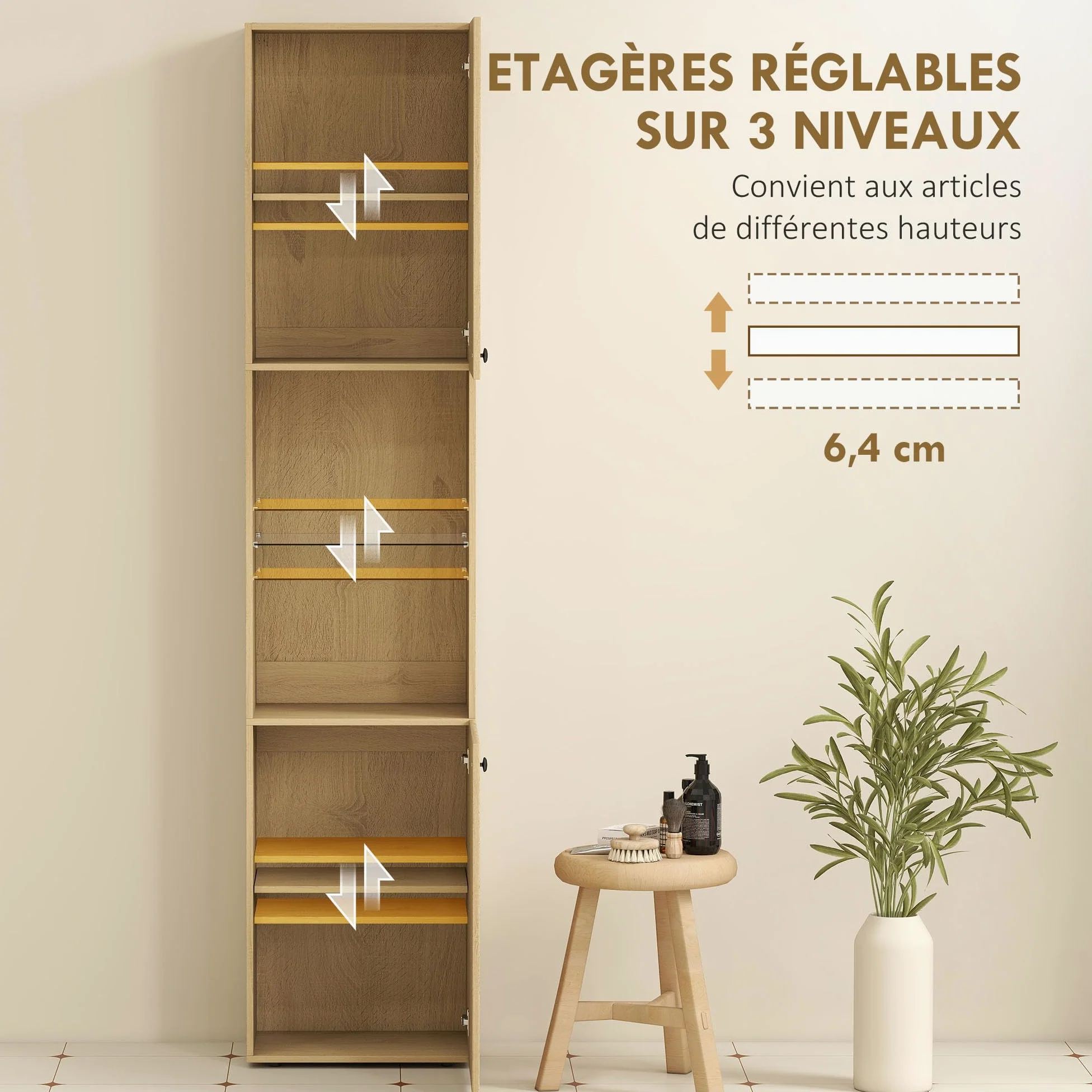 HOMCOM Meuble Colonne Salle de Bain, Meuble de Rangement étroit 6 Niveaux, 2 Portes, Compartiments Ouverts, étagère Verre trempé, étagères réglables, pour Toilette, Petits espaces, 40x31x182cm, chêne