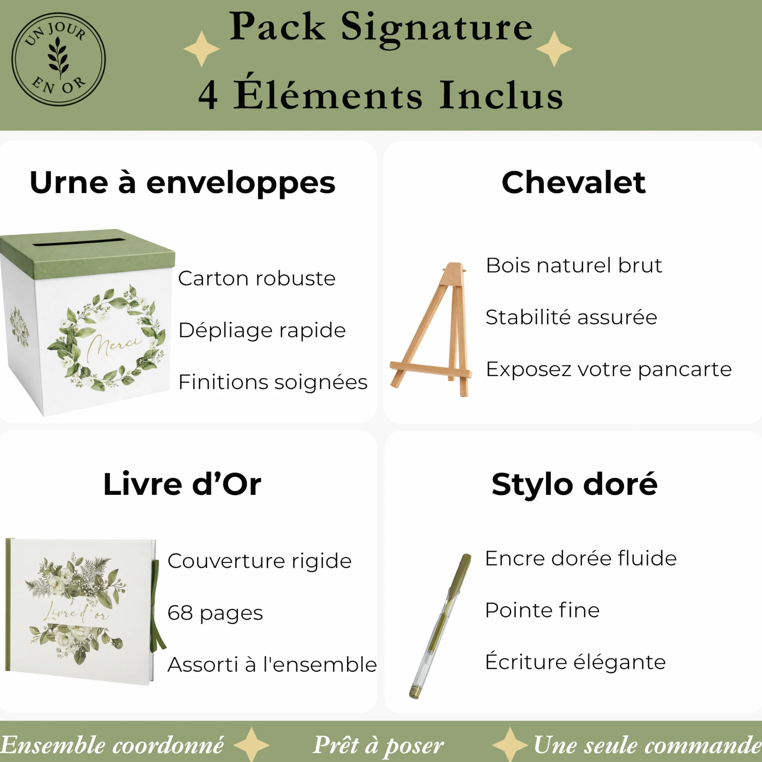 Pack Signature Vert et Or : 4 éléments (Urne Merci, Livre d’or, Stylo encre doré, Chevalet en bois) pour mariage, baptême, anniversaire, départ en retraite et toutes célébrations
