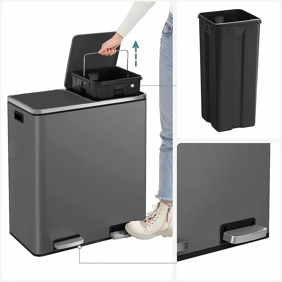 Panana Poubelle 60 L (2 x 30 litres), Système de Tri Sélectif de Cuisine - Poubelle à Pédale en Métal à Fermeture Douce avec Couvercle Hermétique pour Cuisine (Gris)