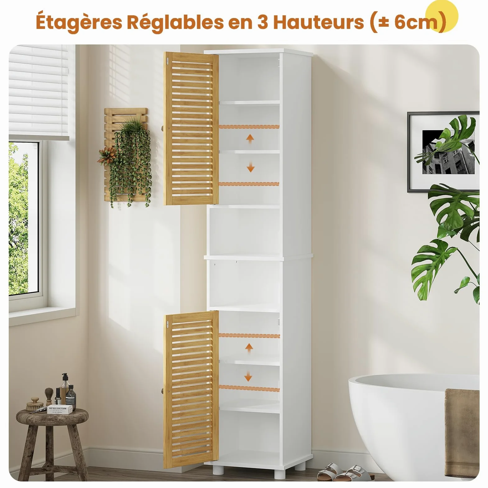 Meuble Colonne Salle de Bain, Armoire de Salle de Bain Haute avec 2 Étagères Ouvertes et 2 Portes en Bambou，Meuble pour Salon, WC, Cuisine, Entrée, 30 × 32 ×190 CM