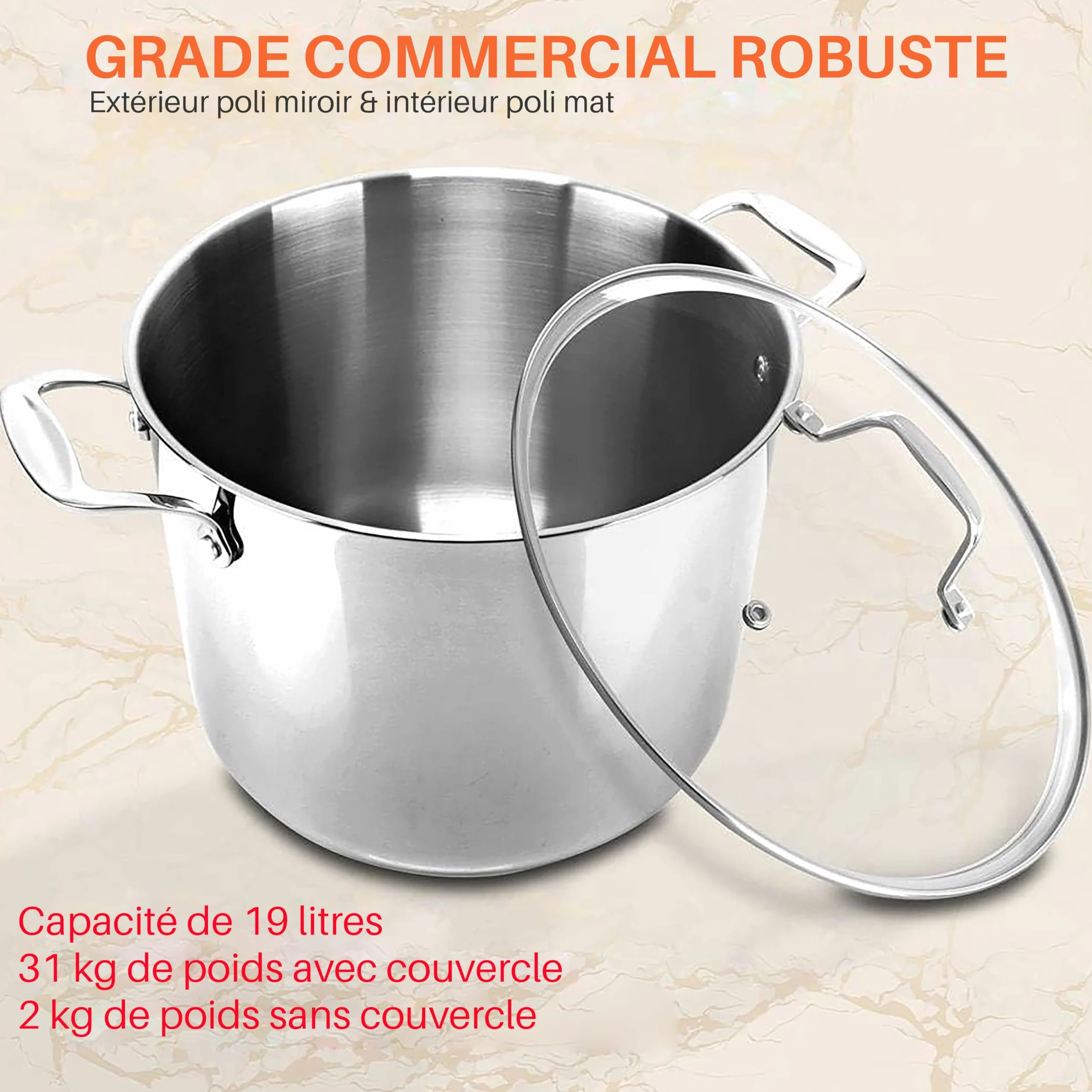 NutriChef Marmite- Faitout Inox de 18 Litres - 18-8 Qualité Alimentaire Résistant Tous Feux- Faitout-Grande Marmite avec Couvercle Transparent, Compatible Lave-Vaisselle
