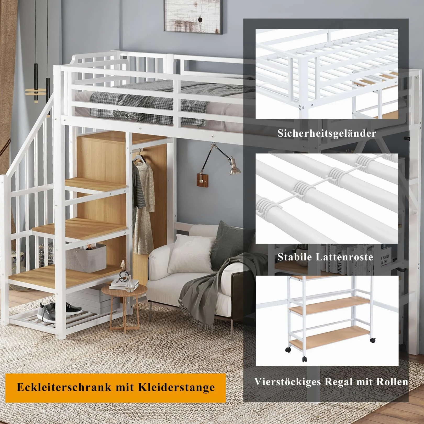 Lit Mezzanine Enfant 90x200 Métal,Lit Mezzanine 1 Place avec étagère à 4 Niveaux sur roulettes,Escalier de Rangement,Tringle à Vêtements,Haute Barrière,pour Enfants Ados
