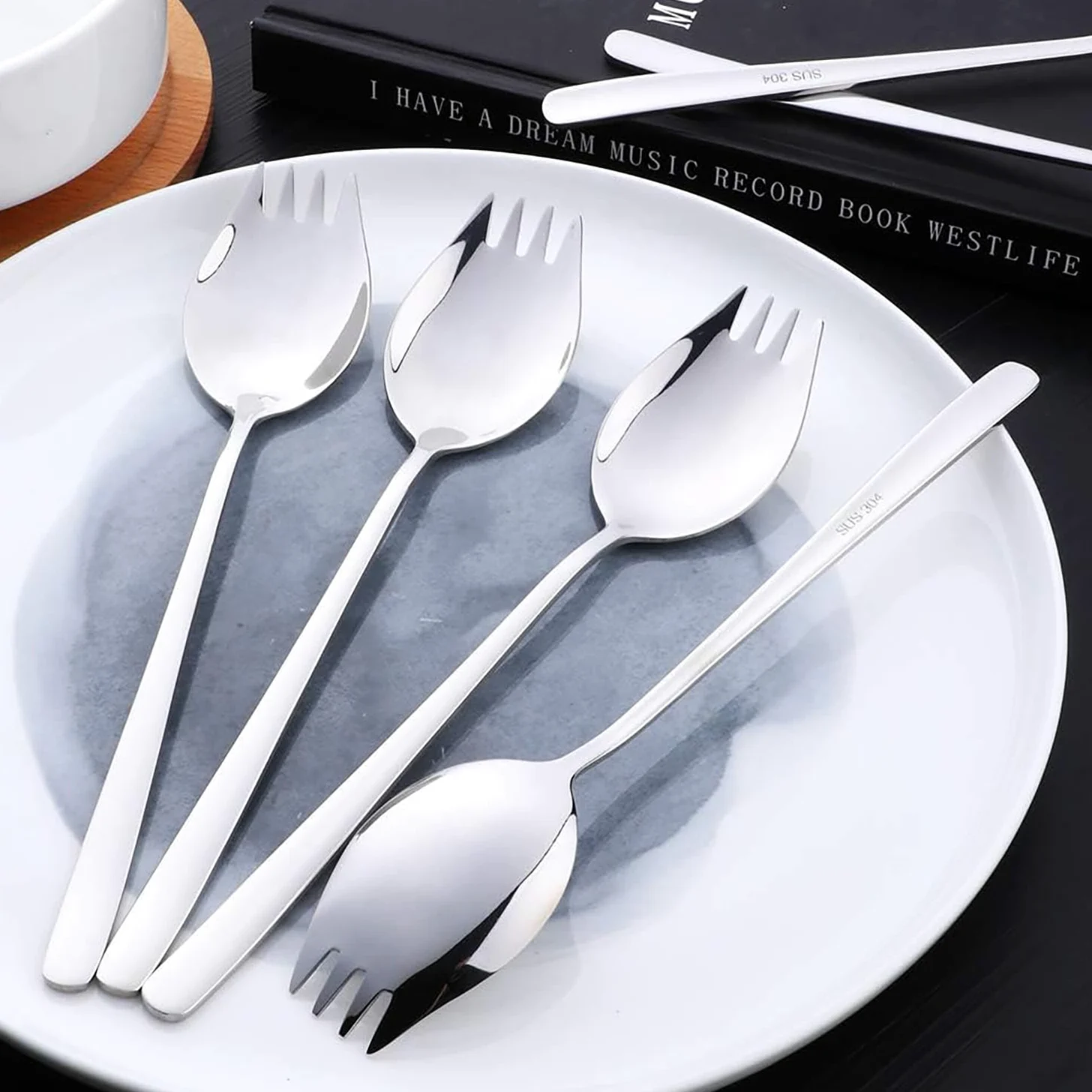 Lot de 6 fourchettes SUS304 avec manche long de 20 cm et fourchettes de buffet robustes, cuillère 2 en 1, fourchette à nouilles portable réutilisable, ustensiles multifonctionnels pour le camping, les