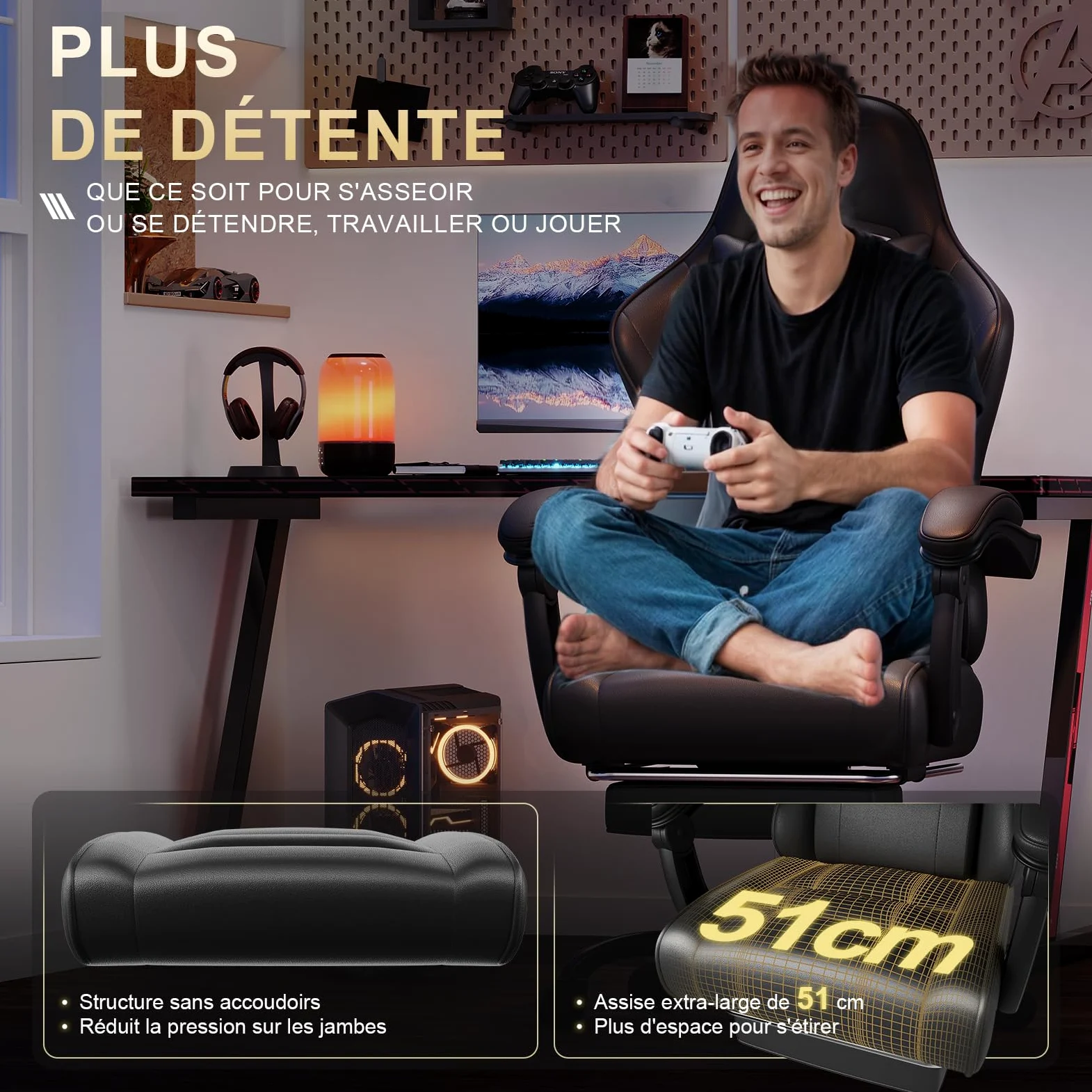 TRIUMPHKEY Chaise de Jeu Ergonomique avec Massage Lombaire, Fauteuil Gaming, Repose-Pieds Rétractable, Dossier Réglable, Confort Quotidien, Gaming et Bureau, Noir