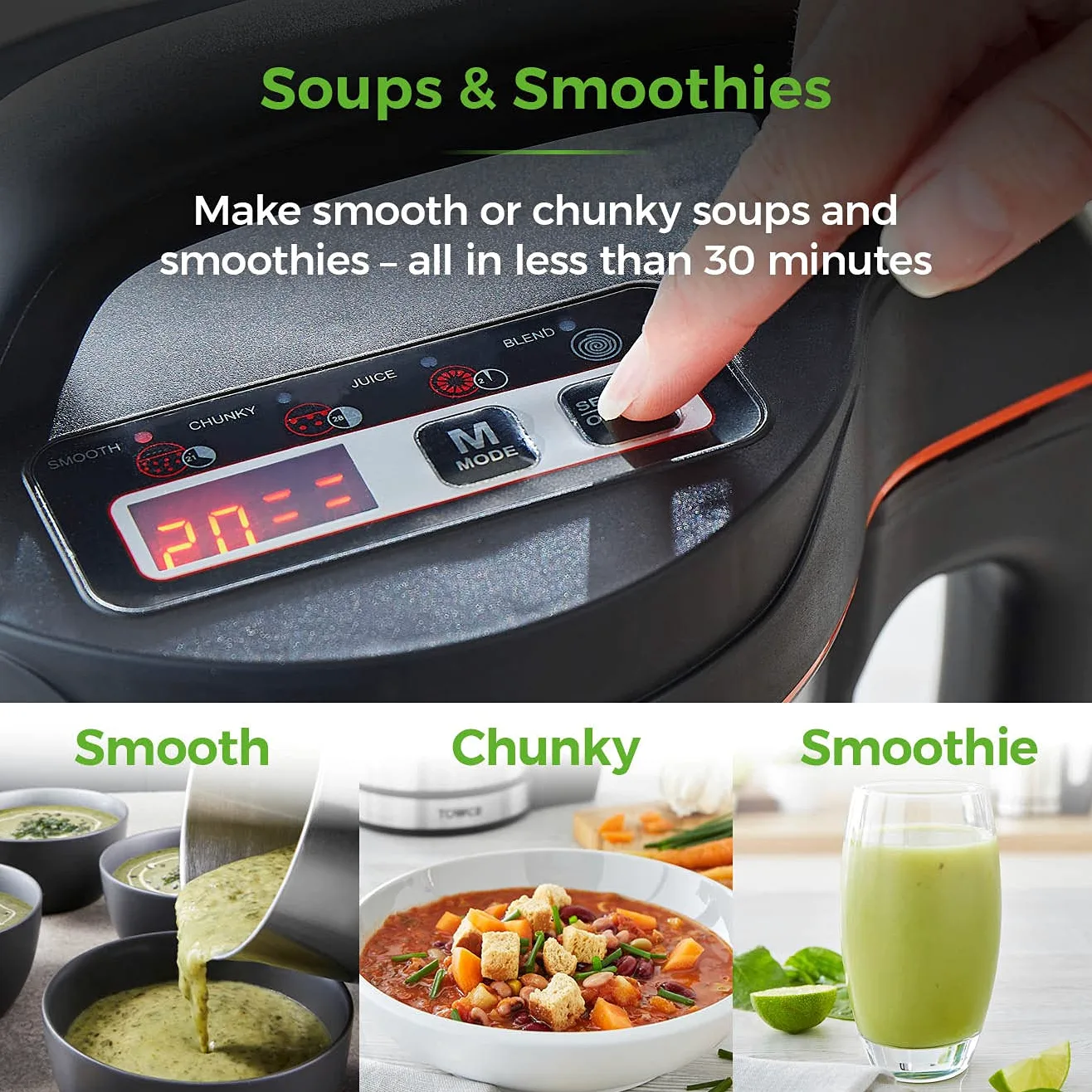 Tower T12031 Machine à soupe avec pichet et lame en acier inoxydable, panneau LED, système de contrôle intelligent, 1000 W, 1,6 litre, argent