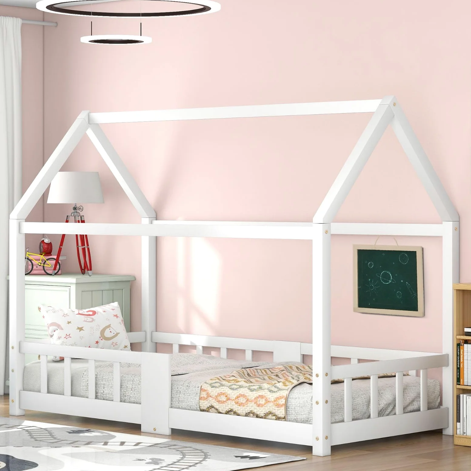 KOMHTOM Simple Lit de Maison avec Protection Anti-Chute, Lit de Jeune avec Sommier à Lattes en Bois, Cadre de lit, Minimaliste(sans Matelas) (Blanc-A, 90 x 200CM)