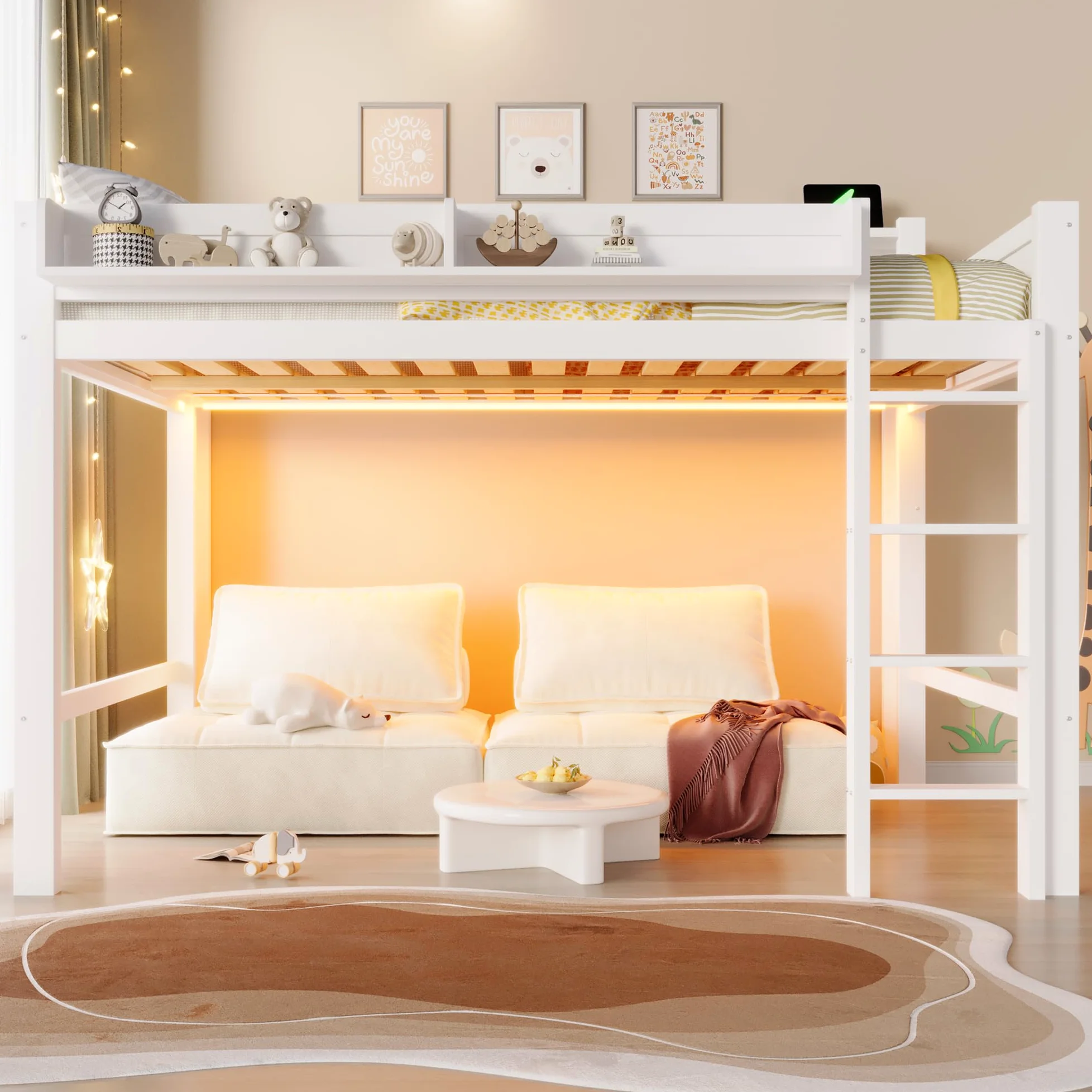 Lit Superposé Enfant 140x200cm avec éclairage LED et Port USB,Lit Mezzanine 2 Place en Bois avec rangements,Garde Corps,lit Jeune duoble,Cadre de lit Double,sans Matelas,Blanc