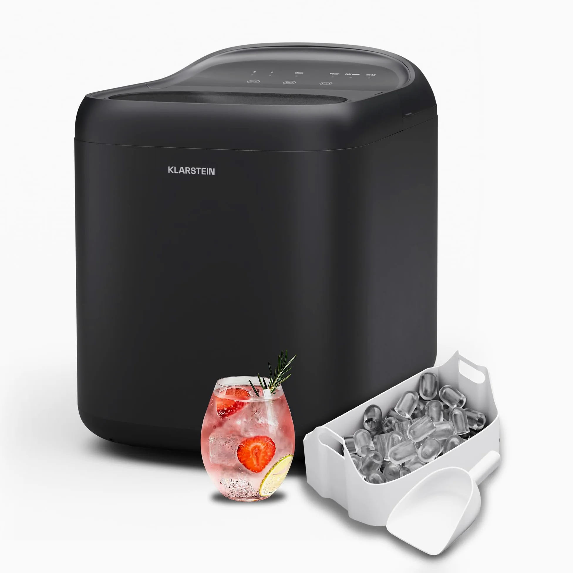 Klarstein SparkIce machine à glaçons - 15 kg/24 h, 6 min, 2 tailles, nettoyage auto, tactile, pelle incluse, à glaçons maison, petite machine, noir
