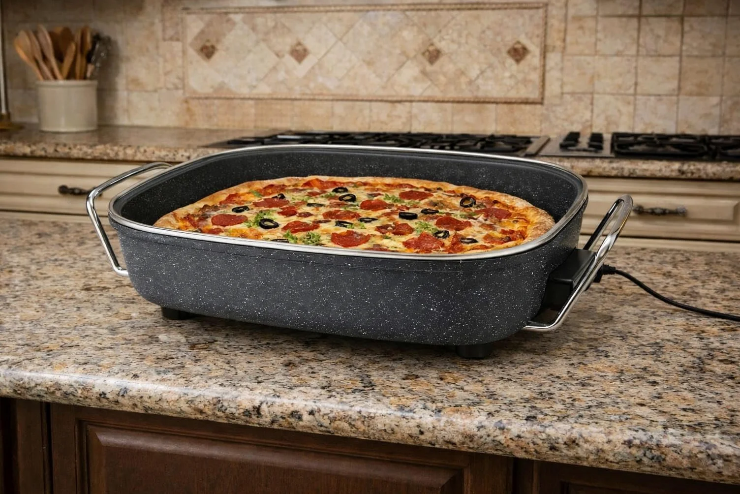Poêle marmite électrique avec couvercle 6L PIZZAPAN Hot Pot thermostatique, couvercle en verre & volume XXL avec revêtement antiadhésif - parfait pour paella, braisage & wok 1500W Effet Granite