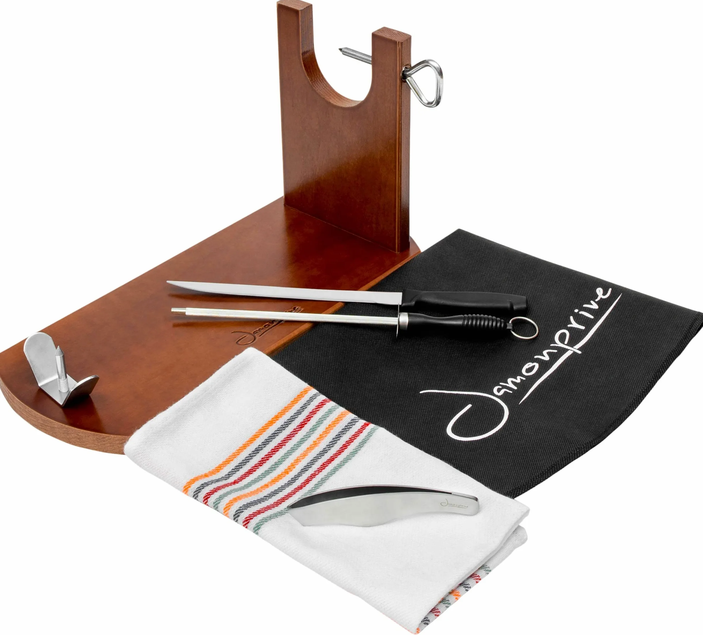 Jamonprive Support à Jambon Professionnel Laqué avec Couteau + Fusil à Aiguiser + Couvre Jambon + Torchon + Pinces - Porte-Jambon Idéal pour le Jambon Serrano, Ibérique et le Prosciutto