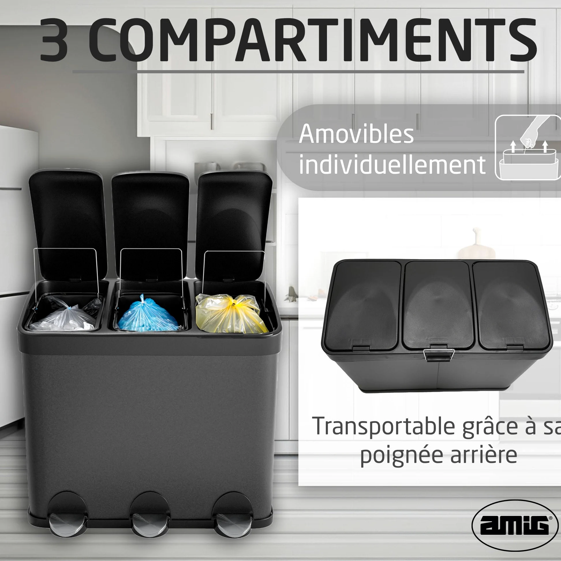Amig - Poubelle Triple avec Pédales 45 litres - 3 Compartiments Amovibles de 15 litres - Poubelle de Recyclage pour la Cuisine - Acier - 60 x 37 x 49 cm - Noir Mat