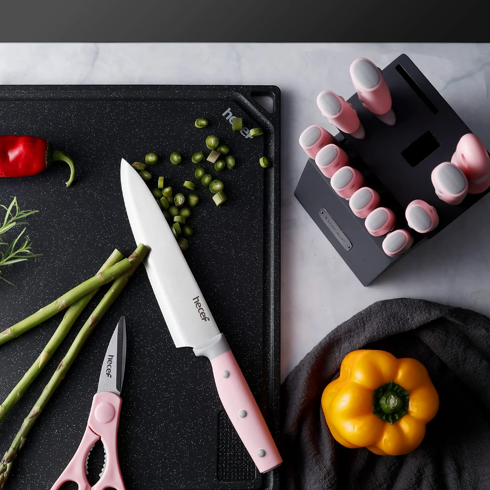 hecef Couteau Cuisine, Porte Couteaux de Cuisine 14 Pièces, Ensemble Couteaux de Cuisine en Acier Inoxydable avec Bloc en Bois, Couteaux de chef Professionnels - Plus de Choix de Couleur (Rose)
