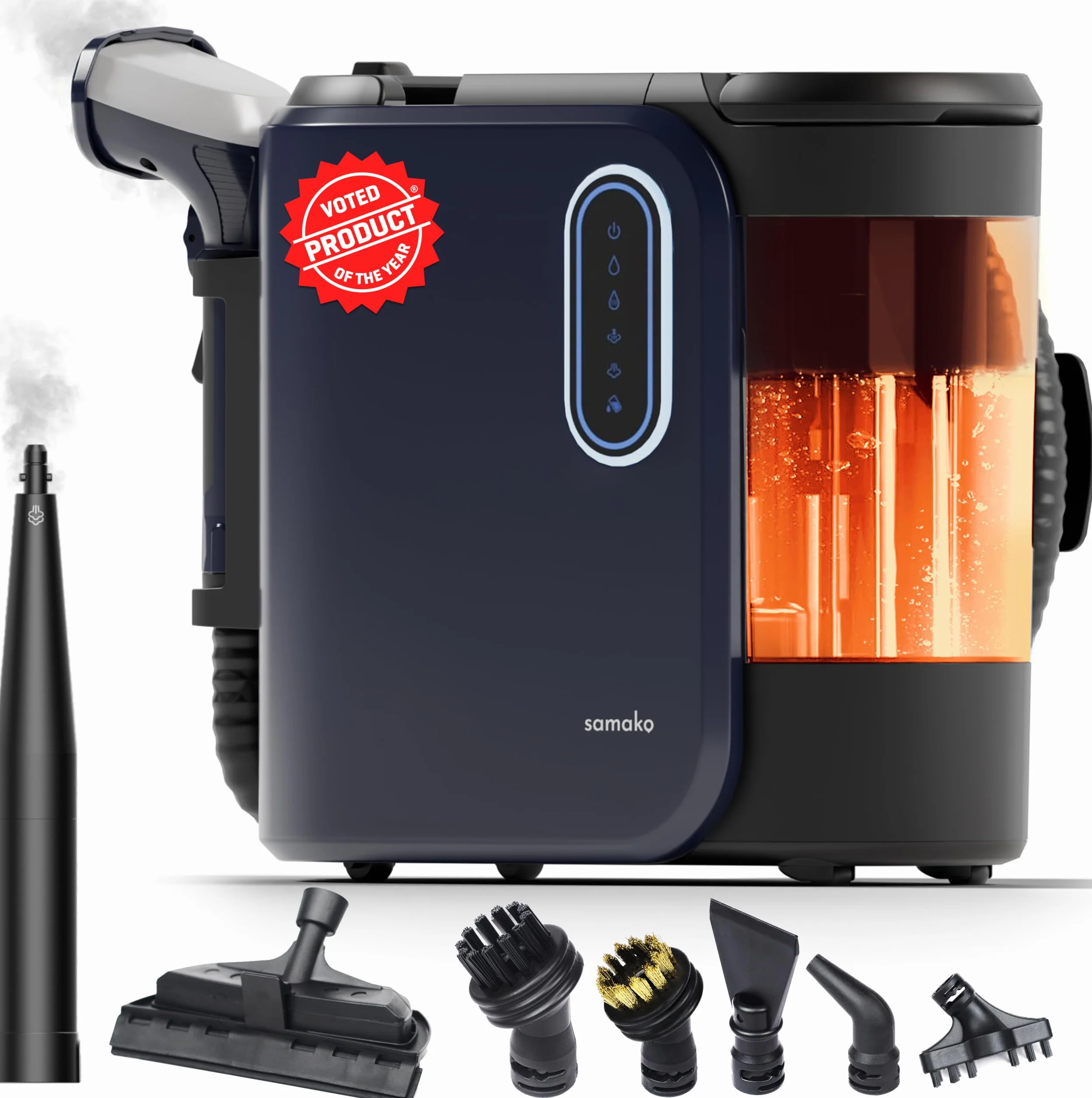 Samako PowerClean Pro Nettoyeur à vapeur pour tapis et tapis, filtre HEPA, grands réservoirs d'eau, 8 embouts, nettoyant pour coussins et canapés, bleu