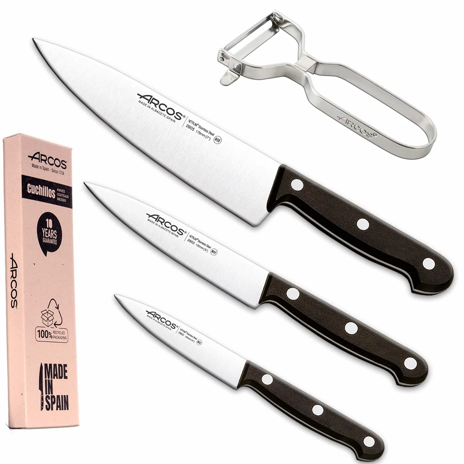 Arcos Jeu de Couteaux de Cuisine Professionnels | Comprend éplucheur de Pommes de Terre | Couteaux de Cuisine Professionnelle et éplucheur Pommes de Terre | 4 pièces Set Couteaux | Manche Noir