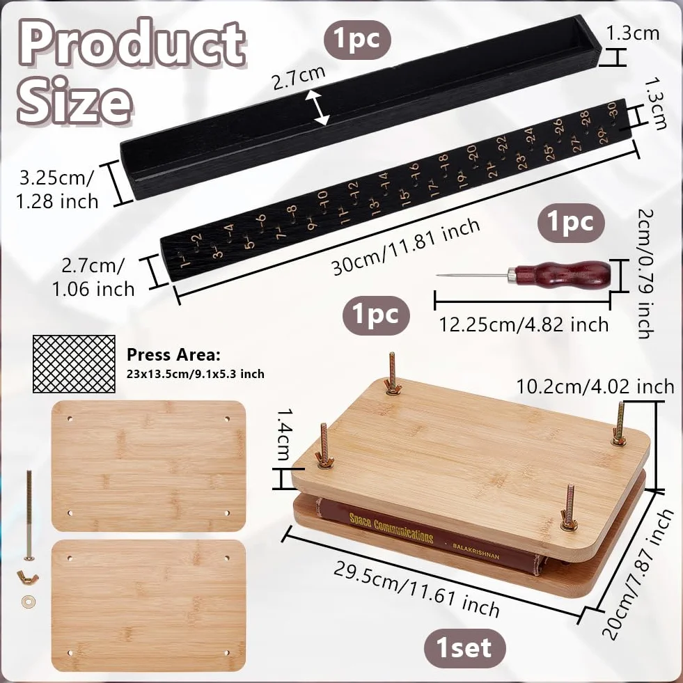 OLYCRAFT 3Pcs Kit d’outils de presse livre en bois 295x200mm reliure outil de poinçonnage Signature Guide Awl 304x32mm avec vis aiguille d’acier pour fournitures de reliure en papier