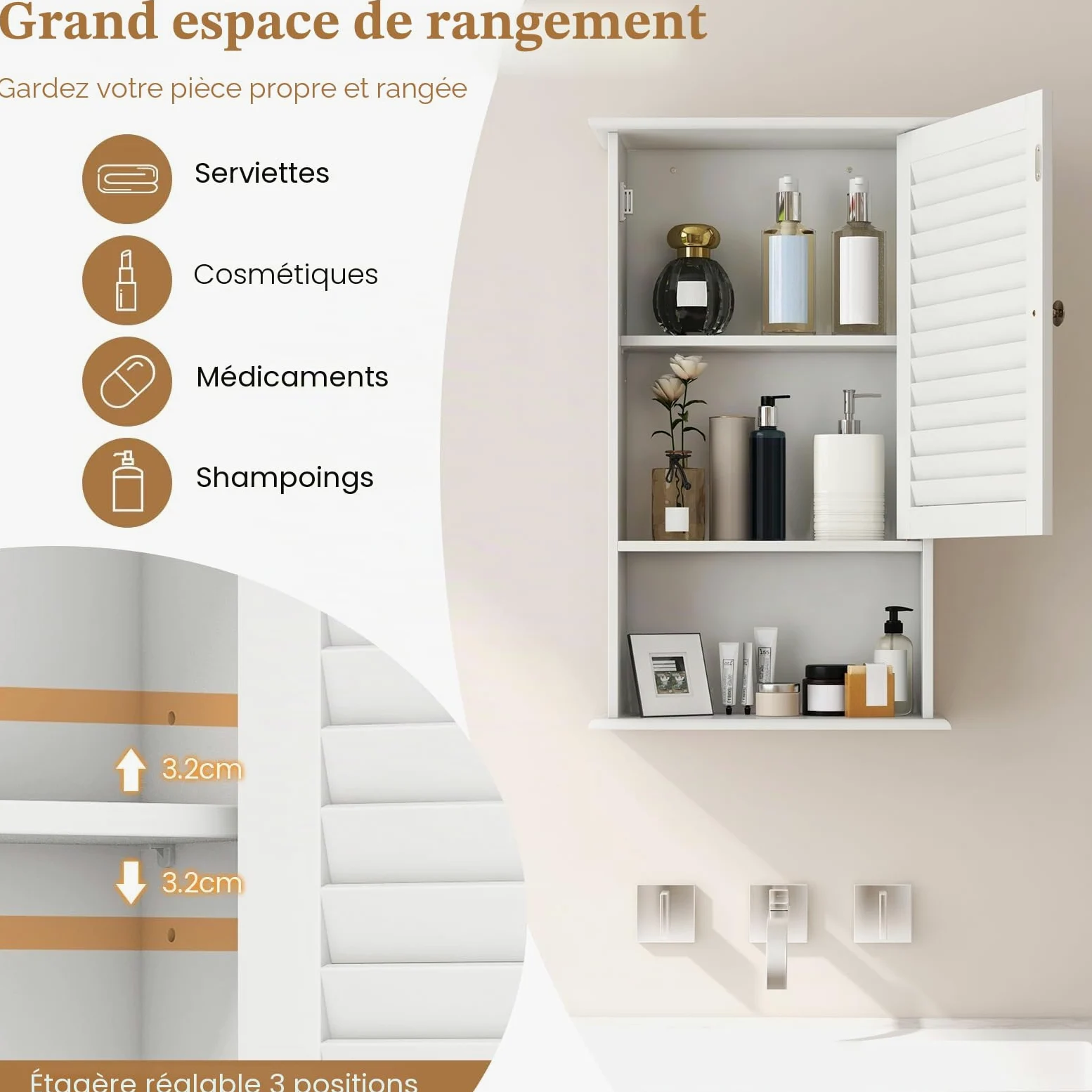 GIANTEX Armoire de Salle de Bain Murale avec Une Porte, 2 étagères réglables et Compartiment Ouvert, Armoire en Bois à 3 Niveaux, Meuble Polyvalent pour la Salle de Bain, Cuisine, entrée (Blanc)
