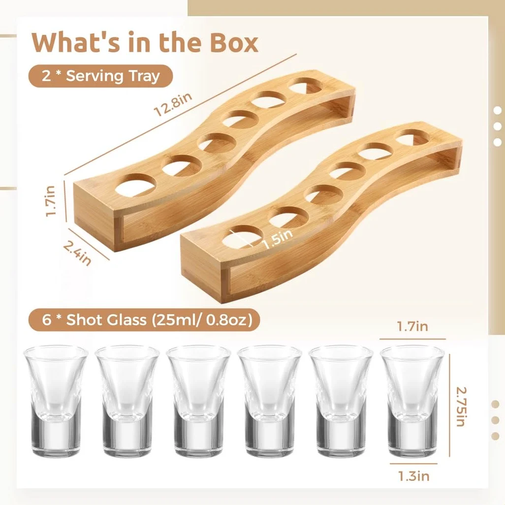 Lot de 6 verres à shot de qualité supérieure avec porte-plateau en bambou en forme de S, gobelets en verre transparent de 25 ml, parfaits pour les fêtes et les restaurants