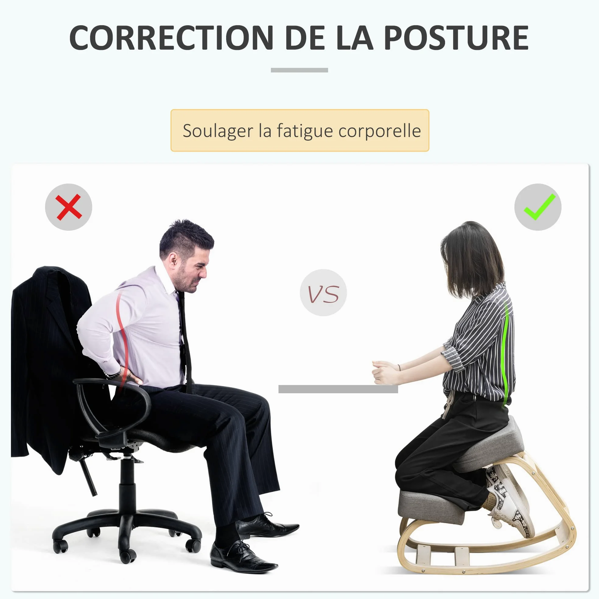 Vinsetto Siège Assis-Genoux Ergonomique Chaise à Genoux Coussin Confortable à Bascule en Tissu et Bois Gris