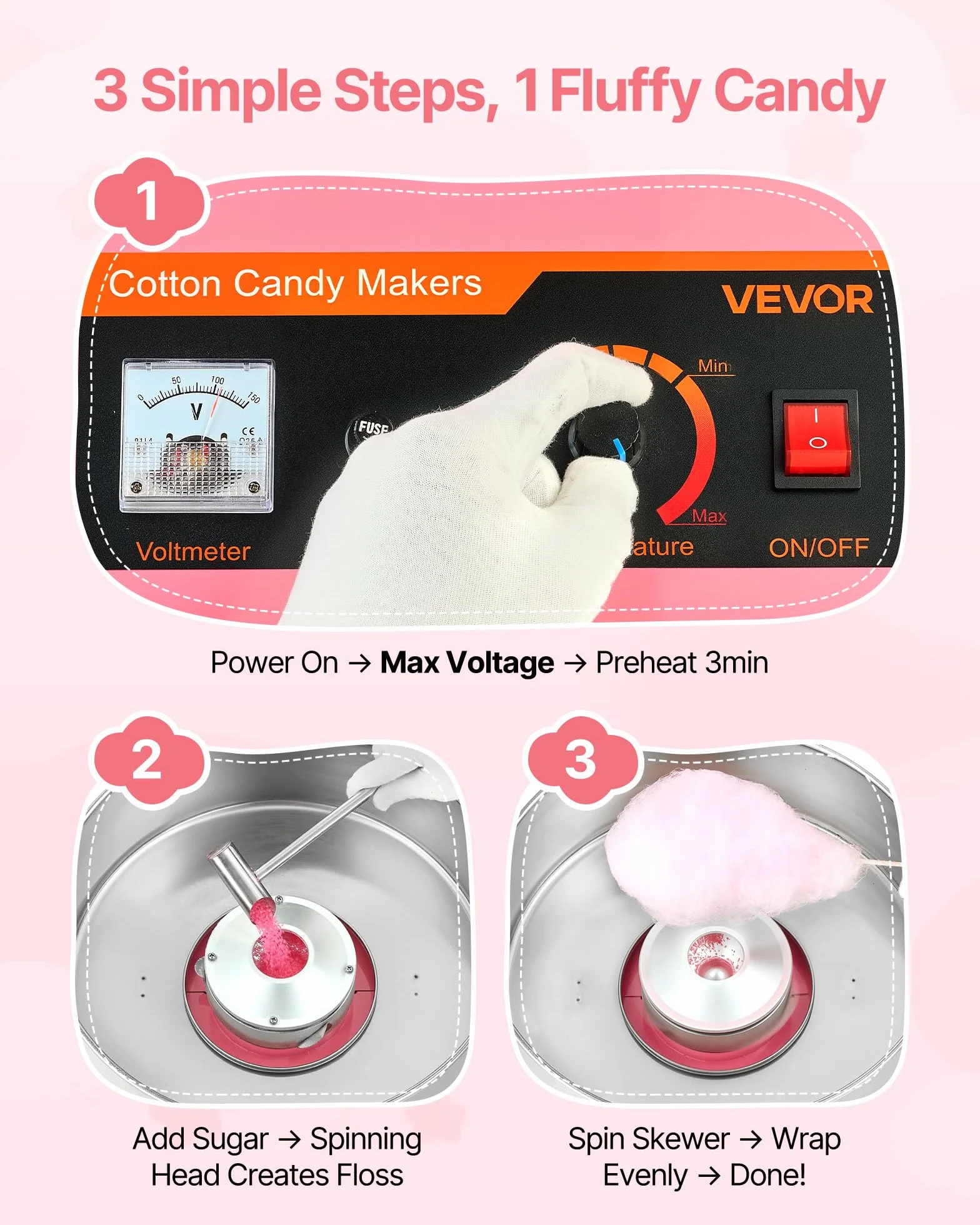 VEVOR Machine à Barbe à Papa Électrique 1000 W, Appareil à Barbe à Papa avec Bol en Acier Inoxydable de 38 cm et Cuillère à Sucre, Nettoyage Facile, pour Faire des Bonbons, Fêtes Anniversaires, Rose