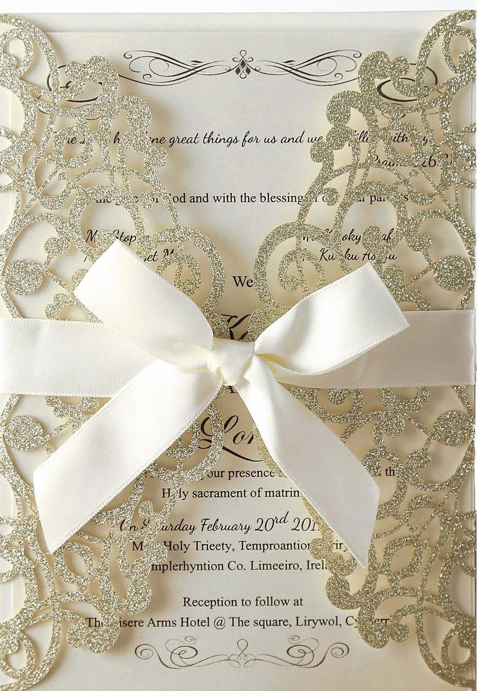 Hosmsua 50 pièces cartes d'invitation découpées au laser avec nœud et enveloppes pour invitations de mariage fête de mariage fiançailles anniversaire (paillettes champagne)