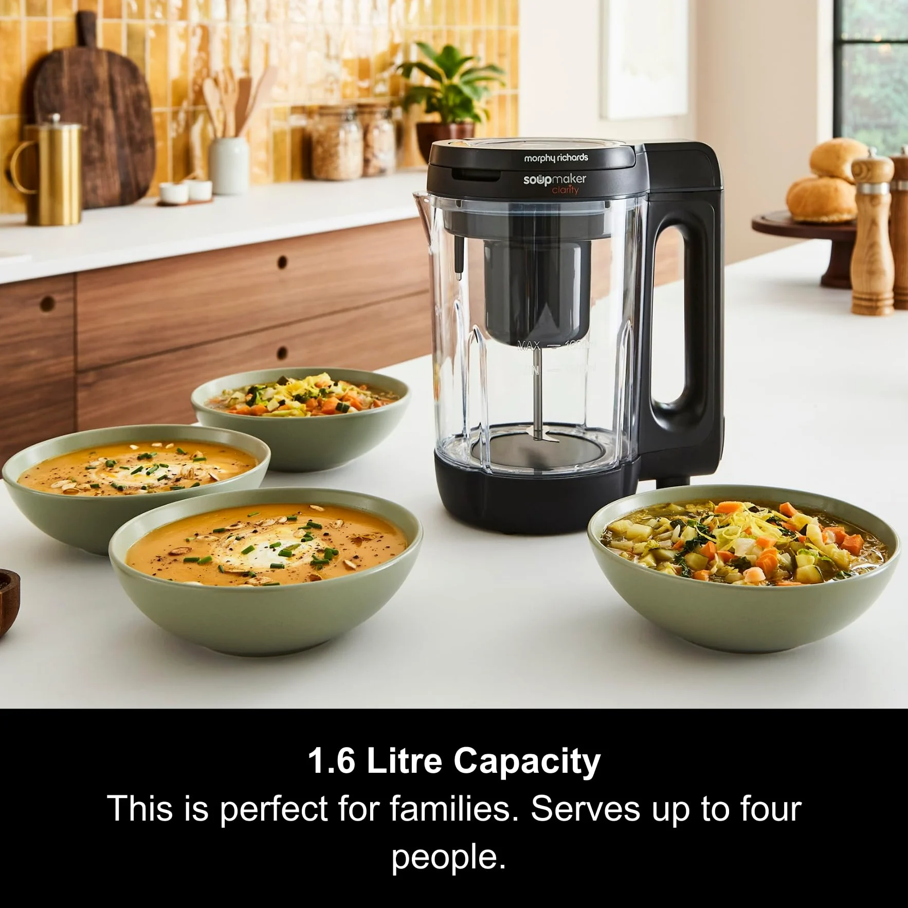 Morphy Richards Machine à soupe Clarity de 1,6 L, contrôle des portions, 9 réglages caractéristiques, technologie de réponse intelligente, garde au chaud, machine à soupe et smoothie, blanc et noir,