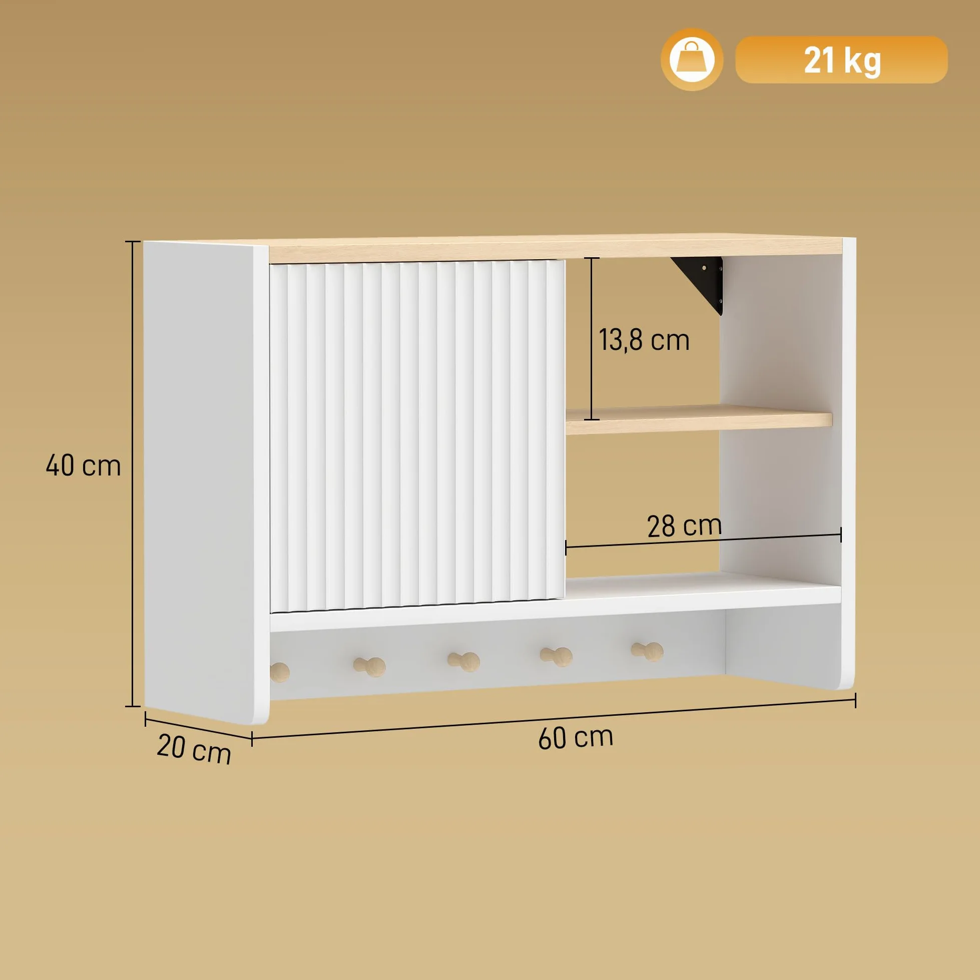 HOMCOM Armoire Murale de Salle de Bain, Meuble de Rangement Suspendu pour Salle de Bains avec Porte, étagères Ouvertes et 5 Crochets, Meuble WC Suspendu, 60 x 20 x 40 cm, Blanc et chêne